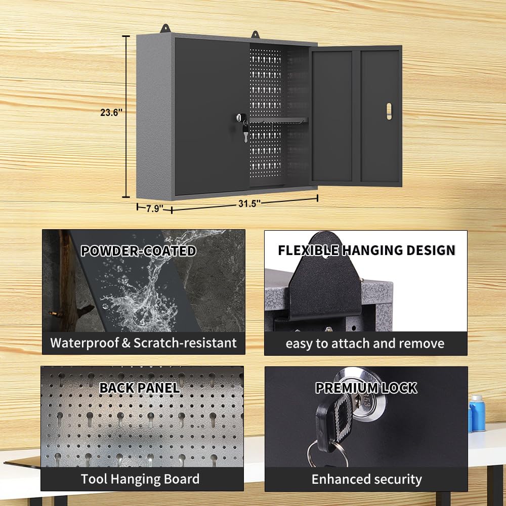 JZD Metal Wall Mounted Tool Cabinet with Lockable Doors, for Garage Basement Workshop, Black & Grey