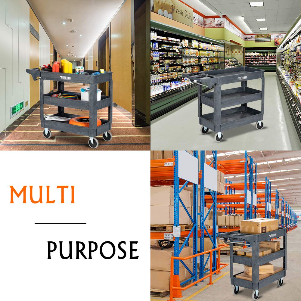 TUFFIOM Plastic Service Utility Cart with Wheels, 550lbs Capacity, Heavy Duty Tub W/Deep Shelves, Multipurpose Rolling 3-Tier Mobile Storage Organizer, for Warehouse Garage Industrial Cart