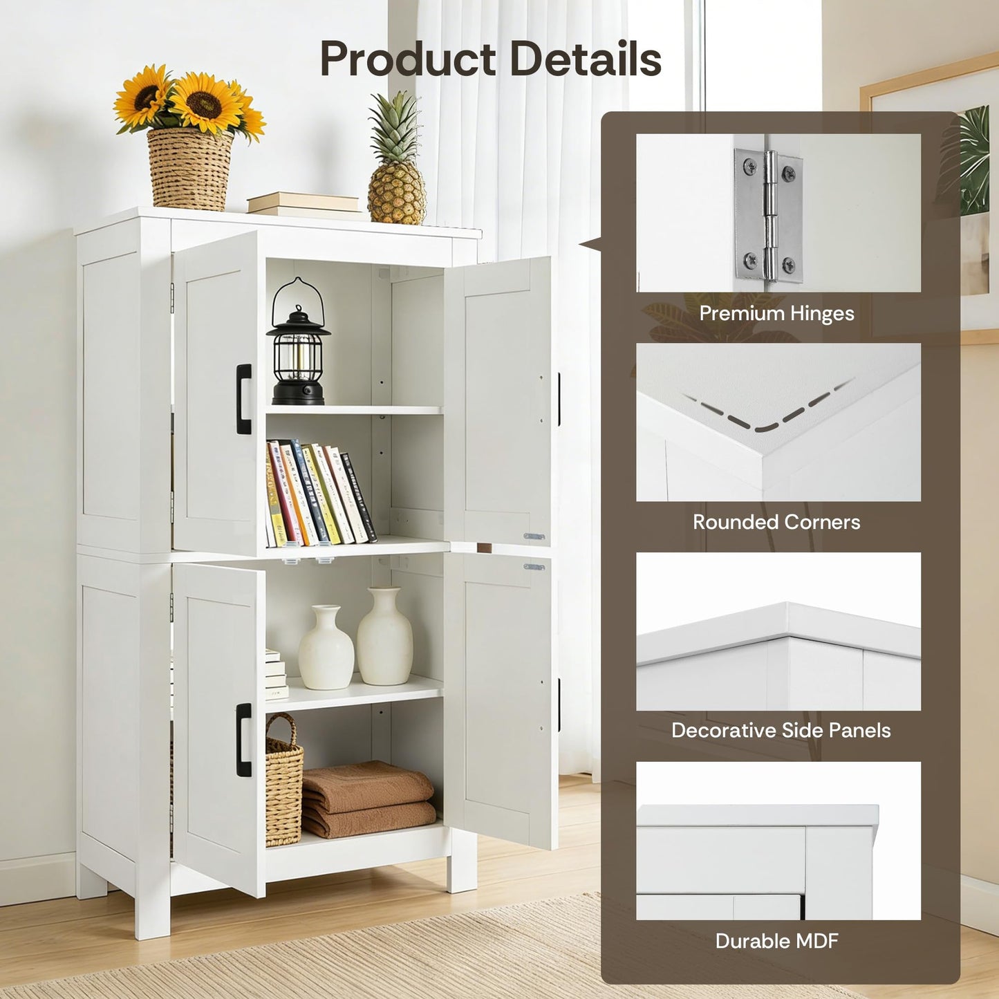 VUSIGN Wooden Bathroom Storage Cabinet, Floor Organizer with 4 Doors and Adjustable Shelves, Freestanding Storage Cabinet for Kitchen Living Room, Dining Room, Entryway, White