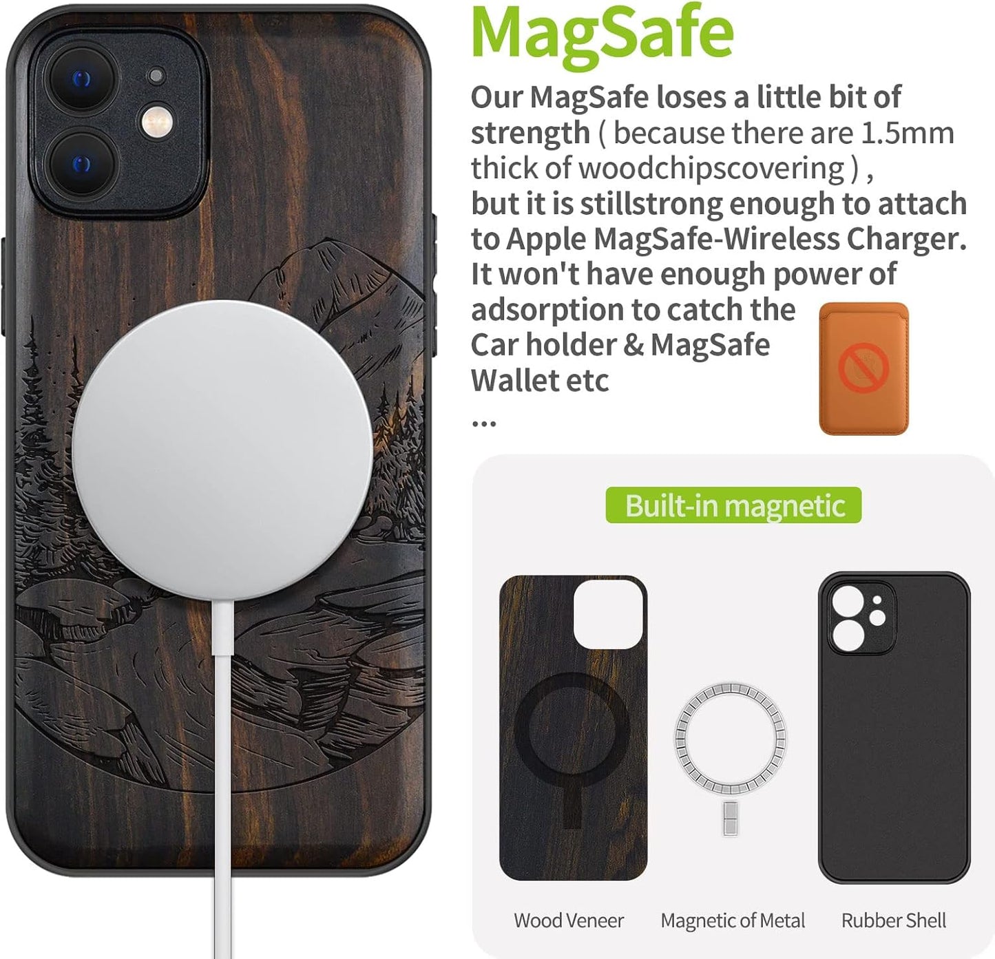 Carveit 12 Magnetic Wood Case for iPhone Case [Natural Wood & Black Soft TPU] Shockproof Protective Unique Wooden Cover