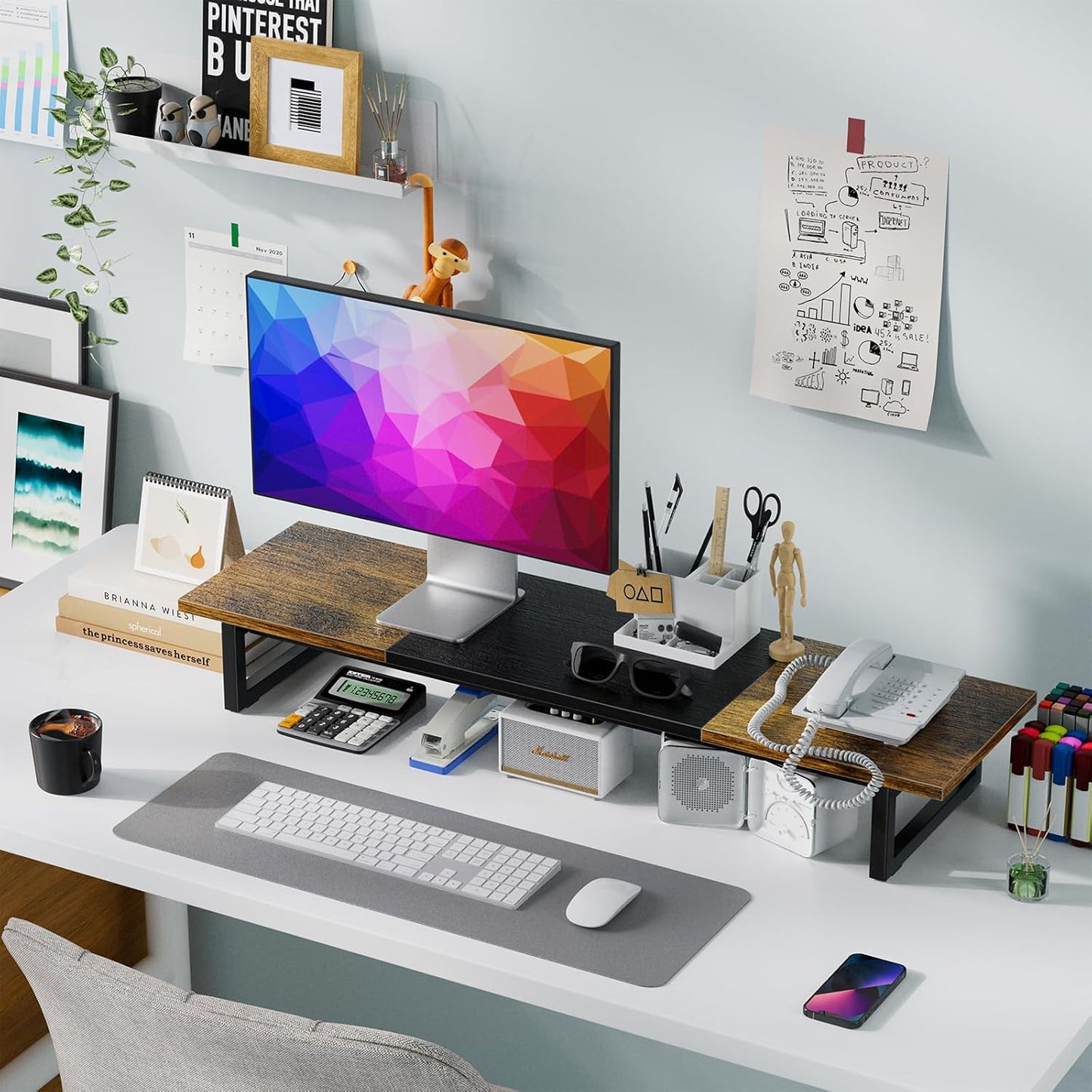 2 Simple Trending Desk Organizers and Accessories, Dual Monitor Stand Riser, Desk Shelf Wood Computer Rack for Monitors