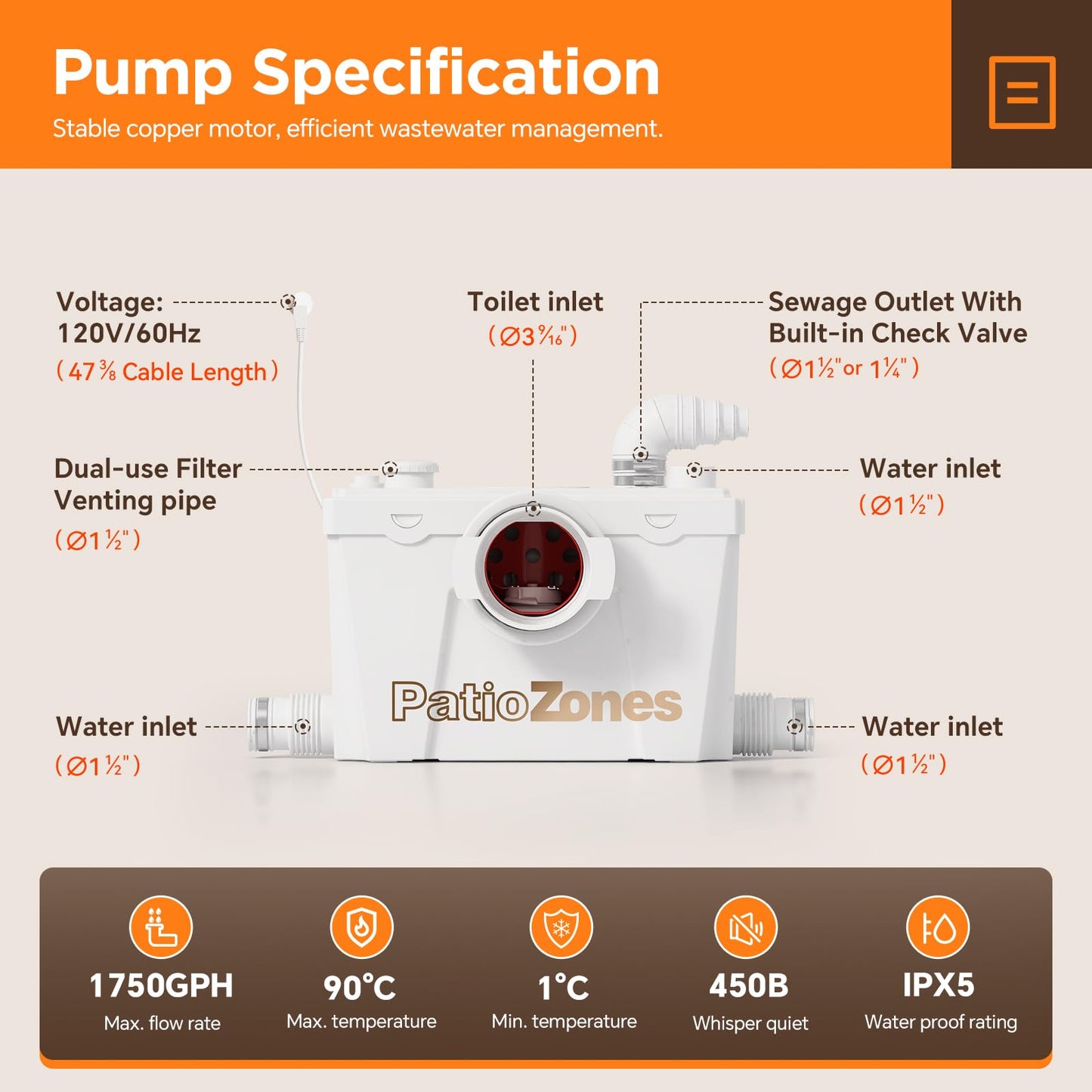 Macerating Toilet System, Two-piece Vintage Upflush Toilet with 4 Inlets Grinder Pump for Household Sewage Wastewater Disposal, Copper Motor, Quiet Operation, Extension Pipe Included, Less Consumption