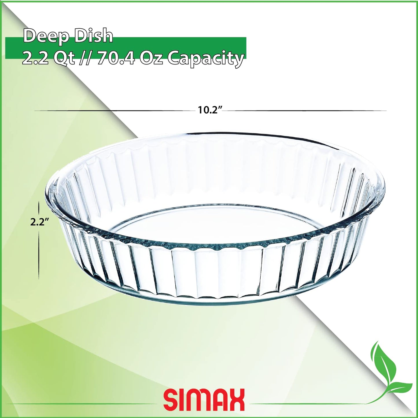 SIMAX Glass Pie Pan for Baking, 10.25 Inch Deep Round Pie Plate Dish, Apple, Pumpkin, Holiday Pies, Fluted Pie Holder, Oven Safe Tray, Borosilicate Glass Cake Tin