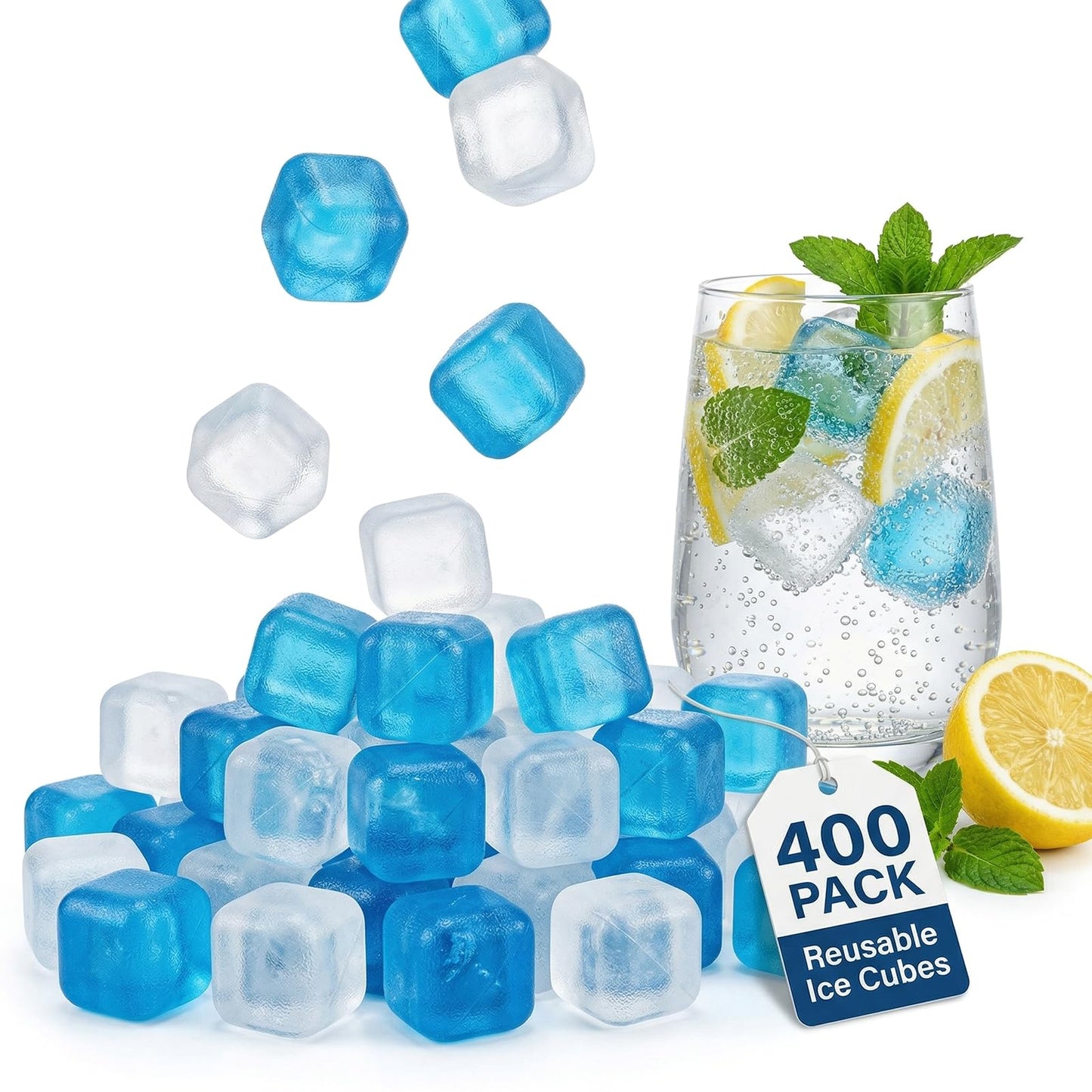 400 Pack Reusable Ice Cubes for Coolers Drinks, BPA-Free Plastic Cubed Ice Packs for Lunch Boxes, Non-Diluting Refreezable for Outdoor Ice Bath Whiskey Coffee Bars Party Camping