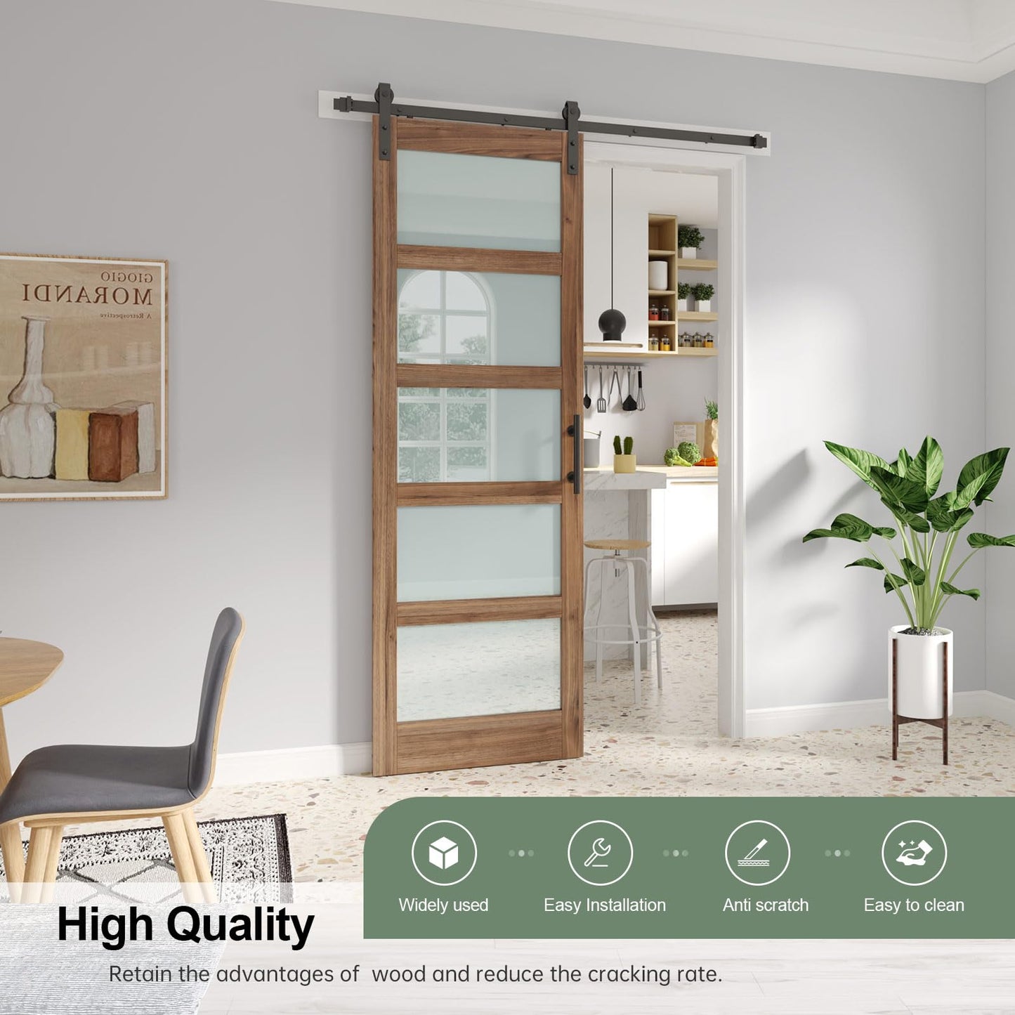 FREDBECK 32 x 96 inch Glass Barn Door with 5.5FT Barn Door Hardware Kit & Handle Included,5-Panel Frosted Glass,Water-Proof Surface,Pre-Drilled Holes,Need Assembly
