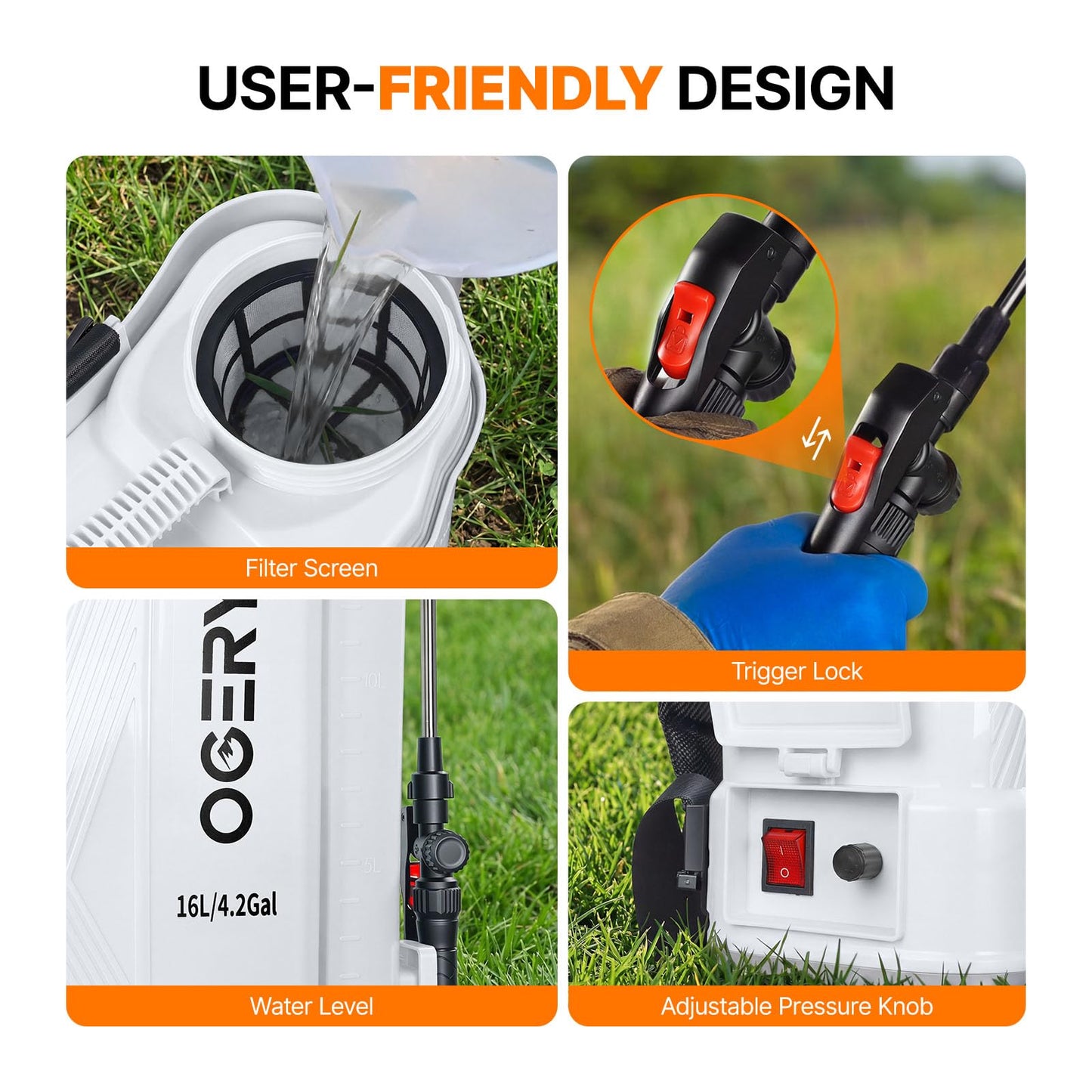 OGERY Battery Powered Backpack Sprayer 4 Gallon, 2.6Ah 21V Battery Electric Pump Sprayer with 6 Nozzles, Telescopic Stainless Steel + Plastic Wand for Lawn Garden Weed Yard Cleaning (Charger Included)