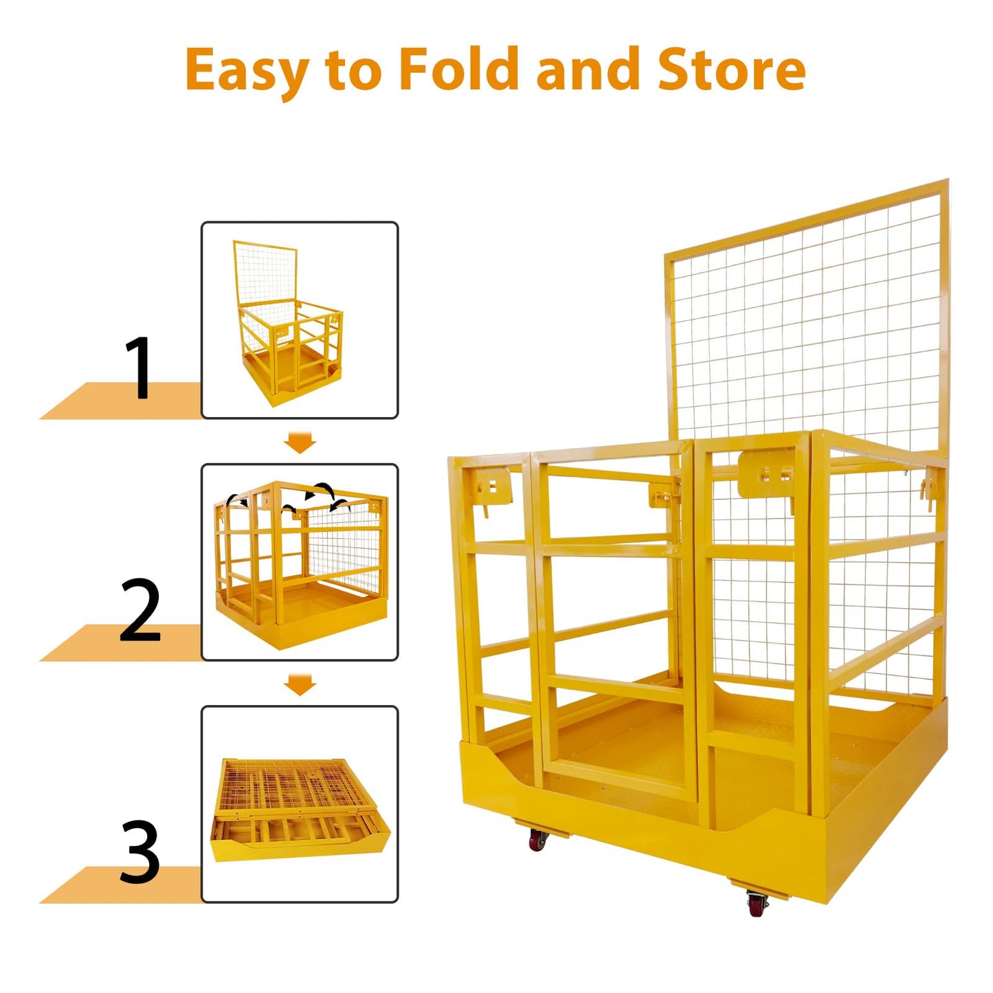 43"X45" Forklift Safety Cage, 1400 LBS Forklift Man Basket Work Platform with Safety Strap ＆ Lockable Swivel Wheels, Heavy Duty Collapsible Lift Cage for Most Aerial Jobs