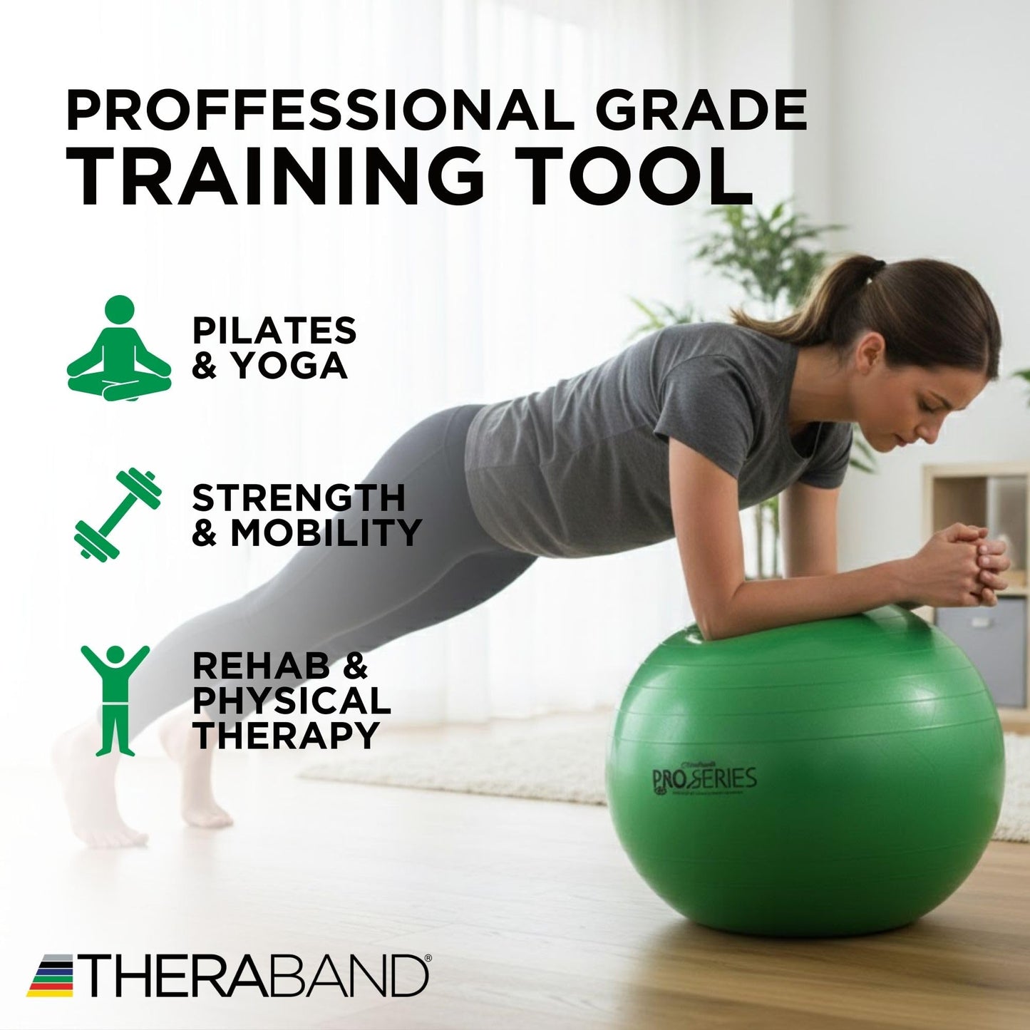 THERABAND Pro Series Exercise Ball, 26" Green Stability Ball for 5'7"–6'1" Users, Anti-Burst Yoga & Pilates Ball, Balance & Core Trainer, For Athletes Fitness at Gym & Home