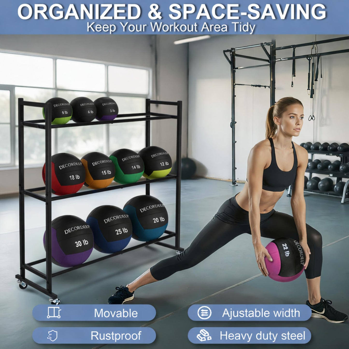 DECORDEEP Medicine Ball Rack, Heavy Duty Medicine Ball Storage Stand, Rolling Med Ball Holder and Organizer for Home, Gym