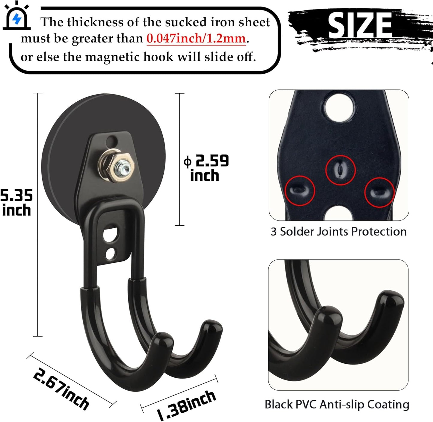 ULIBERMAGNET Heavy-Duty Magnetic Hooks - 4 Pack Black J Hooks with Anti-Slip Coating for Garden Tools & More