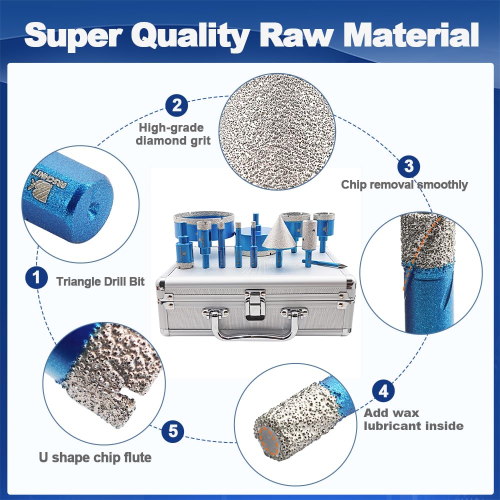 Diamond Core Drill Bit Set - BRSCHNITT Diamond Hole Saw Kit for Porcelain Tile Ceramic Marble Granite Drilling,Triangle Shank Drill（6+6/8/10/20/25/35/50/75/100mm&20finger bit&50chamfer bit）.