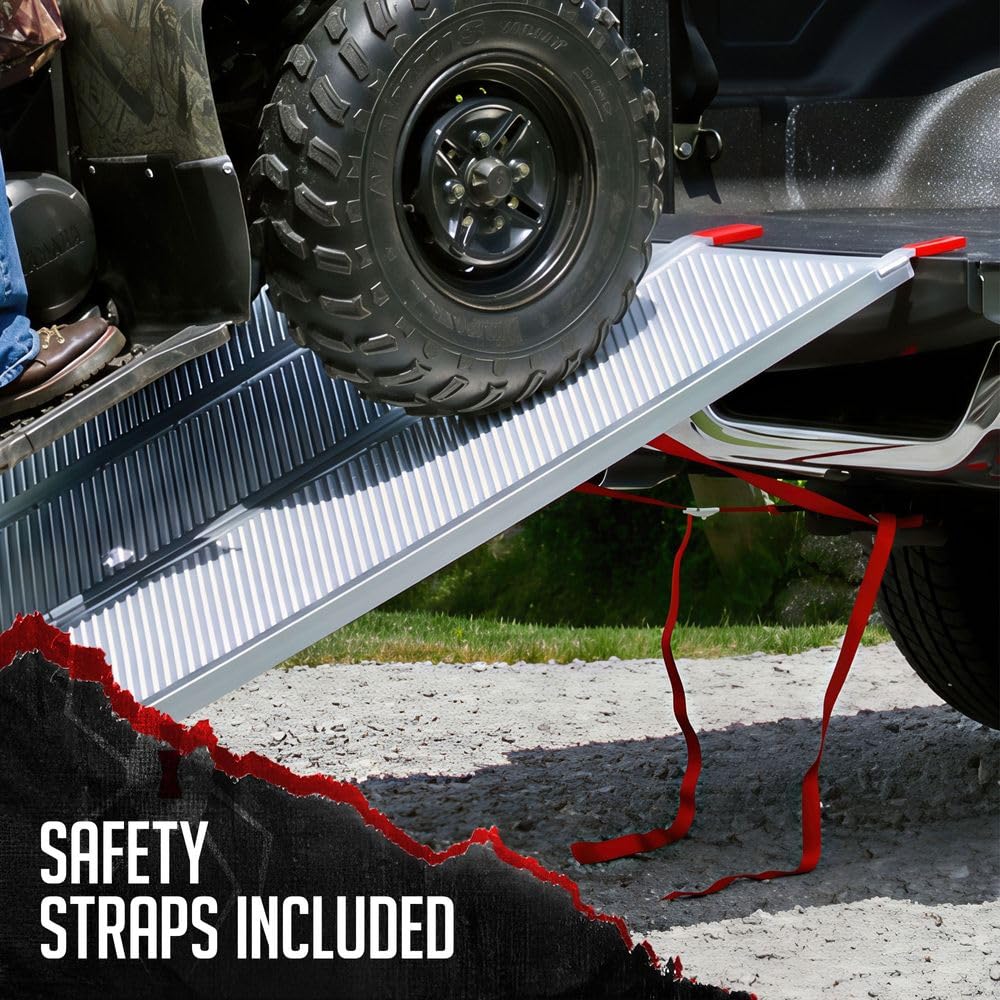 Black Widow Aluminum Folding ATV Ramp w/ Extra Wide Punch Plate, 1,500 lbs Capacity, 6’ 5” - Heavy-Duty Loading Ramp for Trucks and Trailers