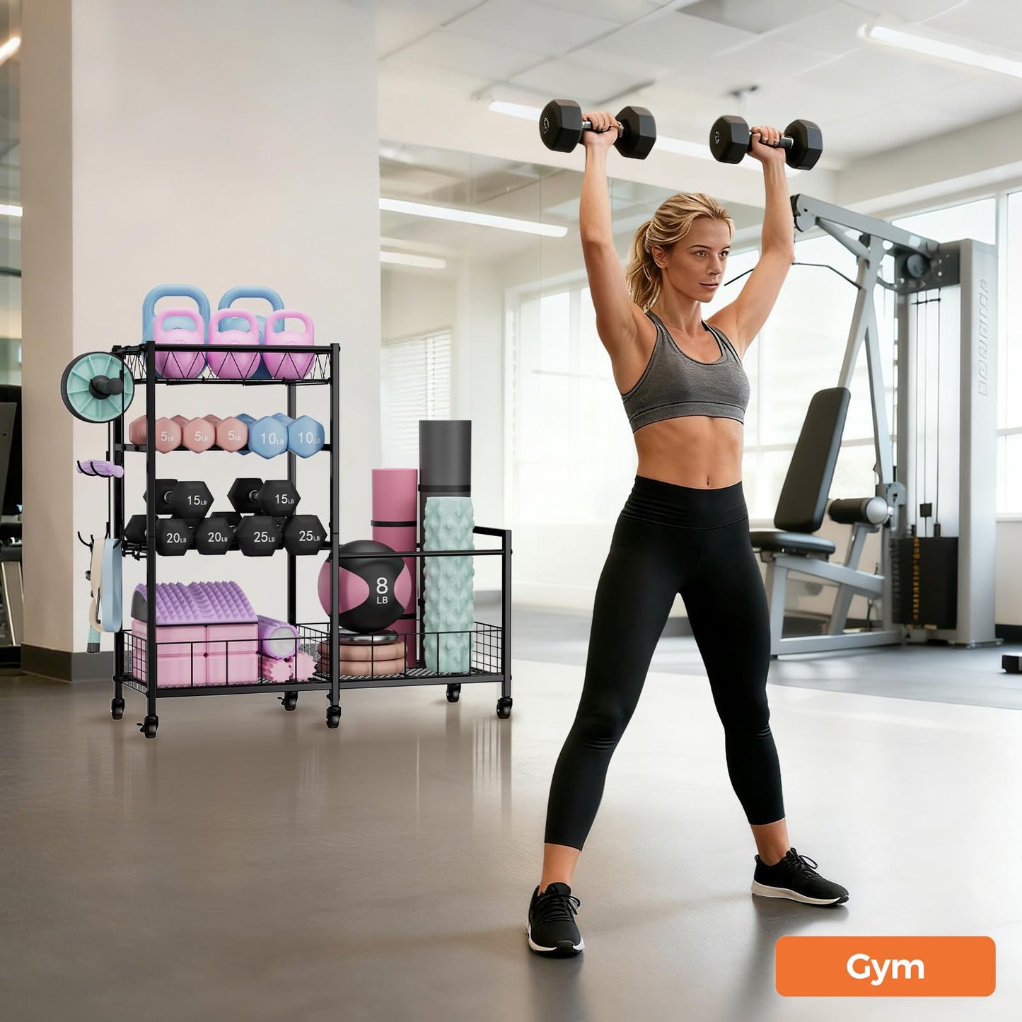 HavenlyYouth 4-Tier Weight Rack Storage for Home Gym, Adjustable Dumbbell Stand Organizer with Wheels, Holds Dumbbells, Kettlebells, Yoga Mats, Fitness Equipment & Workout Accessories