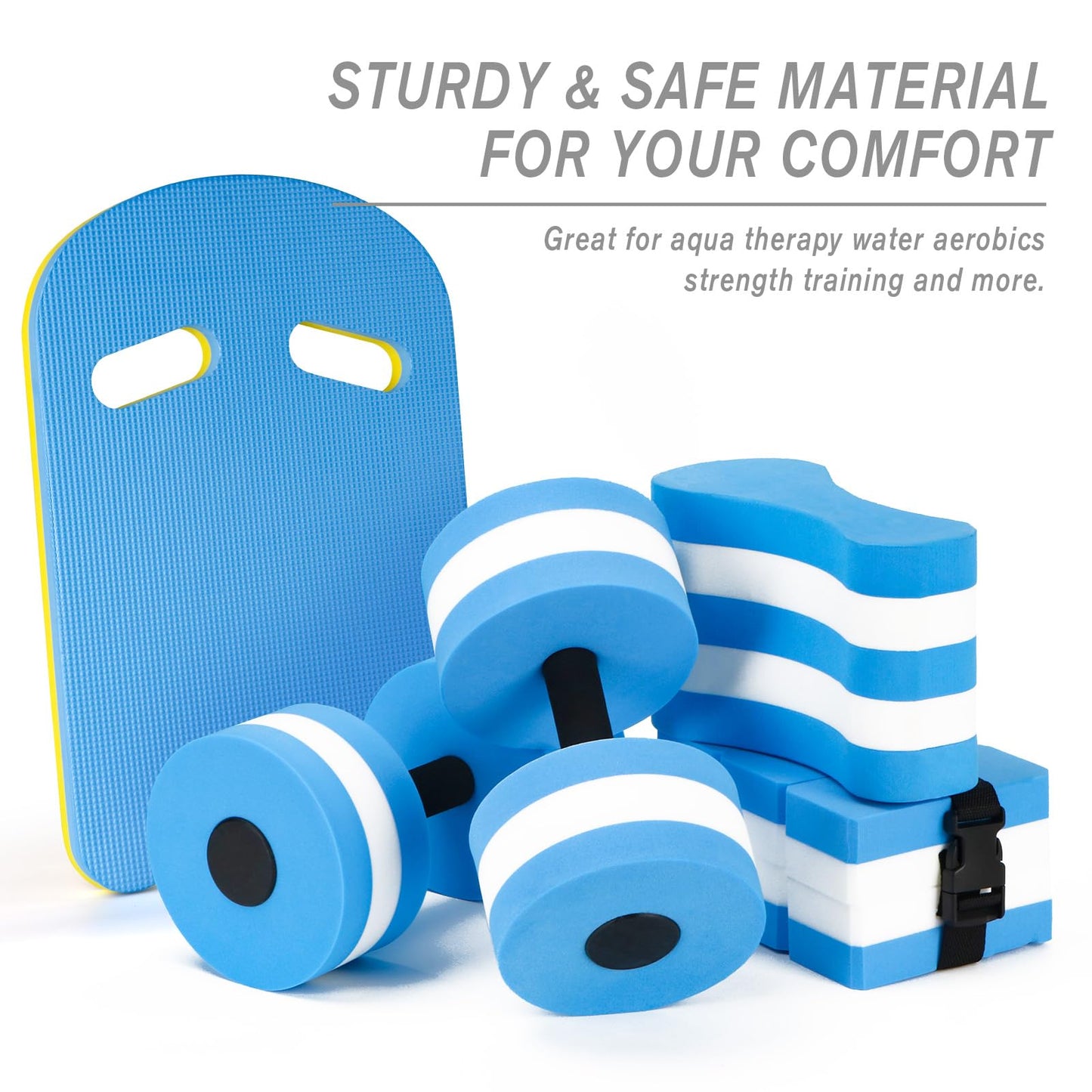 NEAGLORY 5 Pieces Water Aerobics Set Aquatic Exercise Set Pool Fitness Equipment with Foam Dumbbell, Swim Kickboard, Pull Buoy, Aquatic Swim Belt for Water Workout, Blue