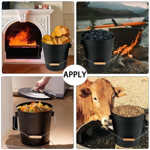 Annie Garden Ash Bucket with Lid and Shovel, Hand Broom and Stick, 5.2 Gallon Large Metal Ash Bucket for Fireplace Tools Set, Fire Pits, Wood Burning Stoves, Indoor and Outdoor, Camping, Grill, Black