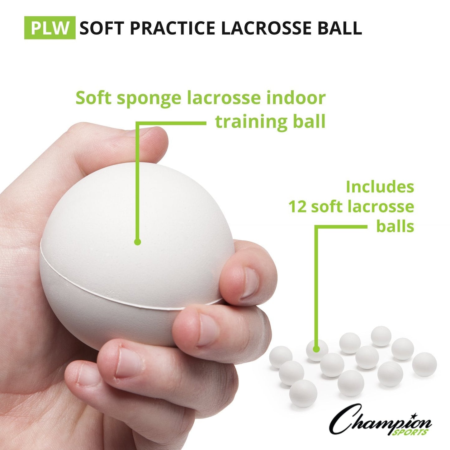 Champion Sports Practice Sponge Lacrosse Balls: Soft Touch for Professional, College & Grade School Indoor Training & Practice - 12 Pack White