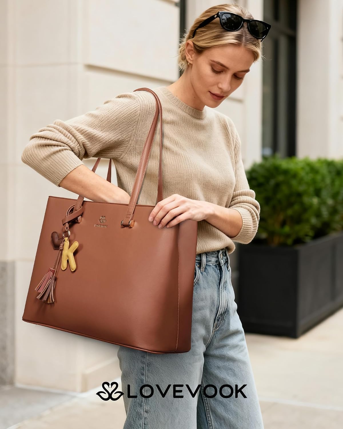 LOVEVOOK Laptop Tote Bag for Women, Work Tote Gift with Zipper, Leather Laptop Bag with Computer Compartment