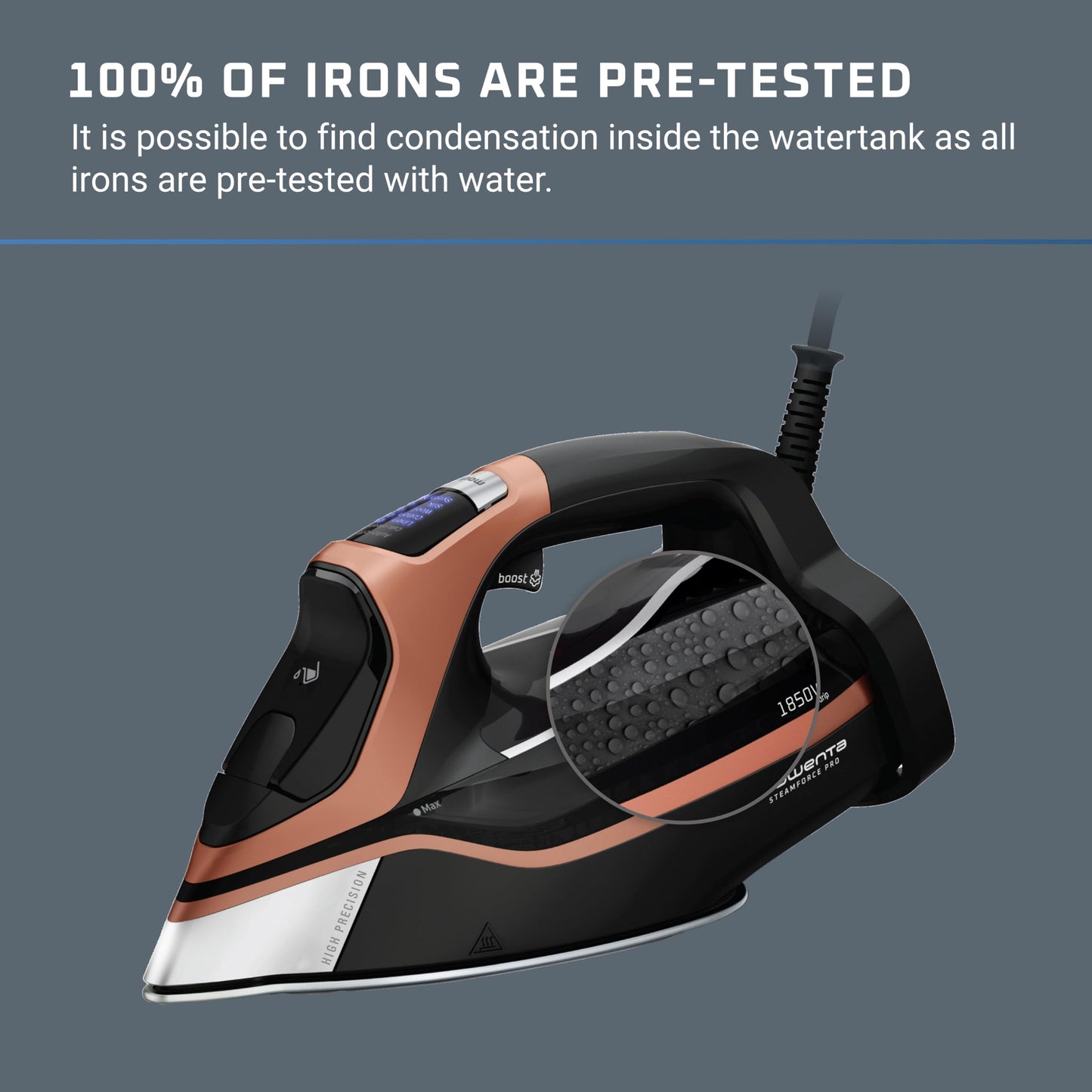 Rowenta Iron Steam Force Pro Steam Iron for Clothes, 1850 Watts, 5 Presets Smart Screen, Stainless Steel Soleplate, High-Efficiency Handheld Steamer Ironing, Anti-Drip Protection, Black Copper, DW9580