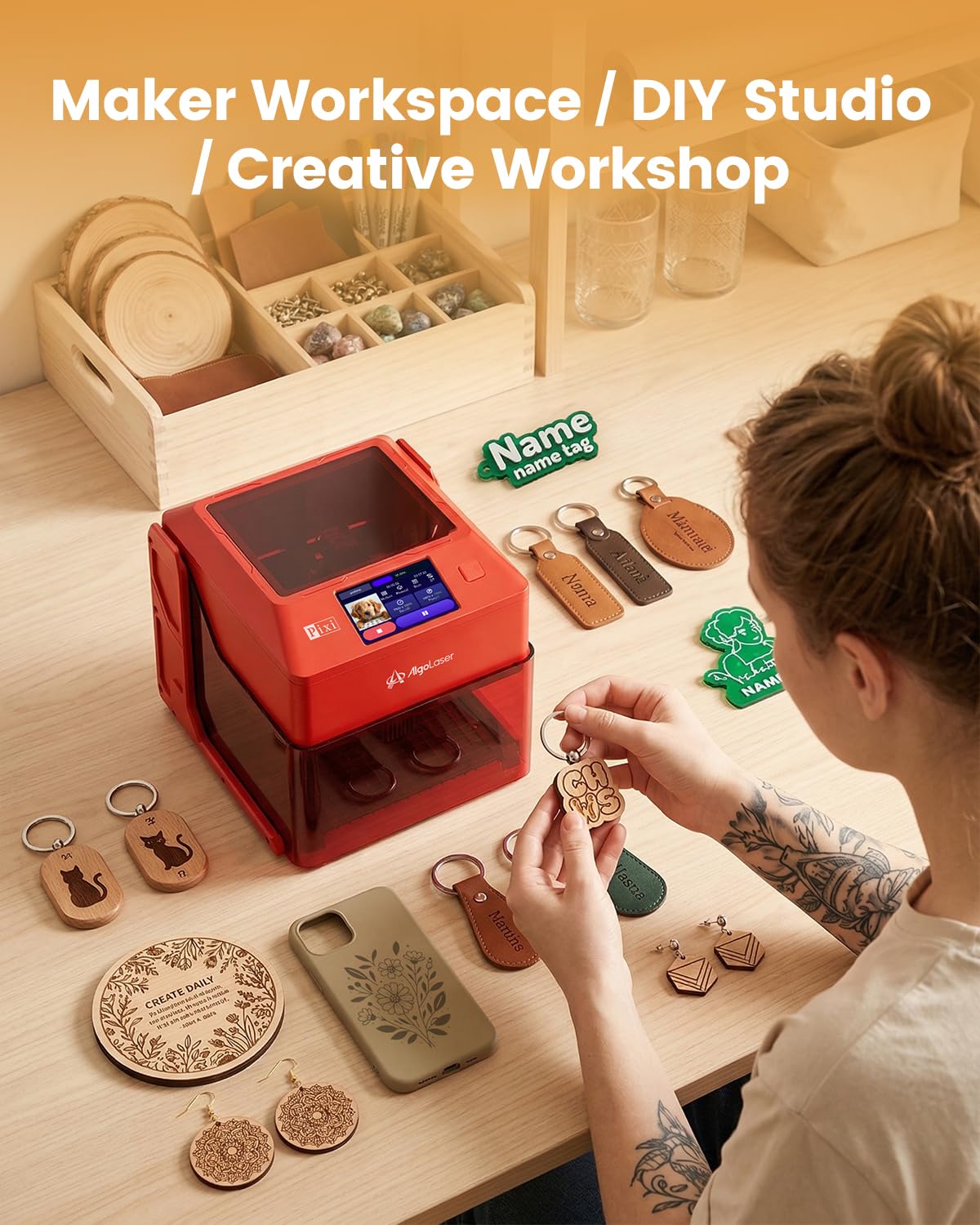 AlgoLaser Pixi Smart Laser Engraver - 3W Portable Laser Engraver Machine with 3.5" Touchscreen & AlgoOS System & APP - Laser Engraving for Wood, Acrylic, Glass, Beginner & DIY Gift & Small Business