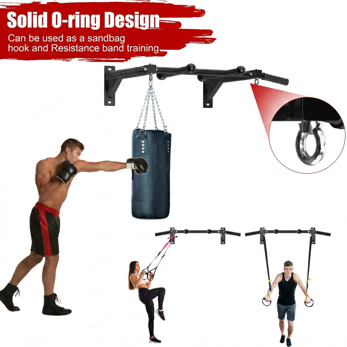 HWOOUSA Wall Mount Pull Up Bar, Heavy Duty Steel PullUp Bar Fits Wood Studs, Multi Grip Pull Up Bar with Ball Finger & Round Rings, for Home Gym Garage Basement Strength Training Chin Up Bar