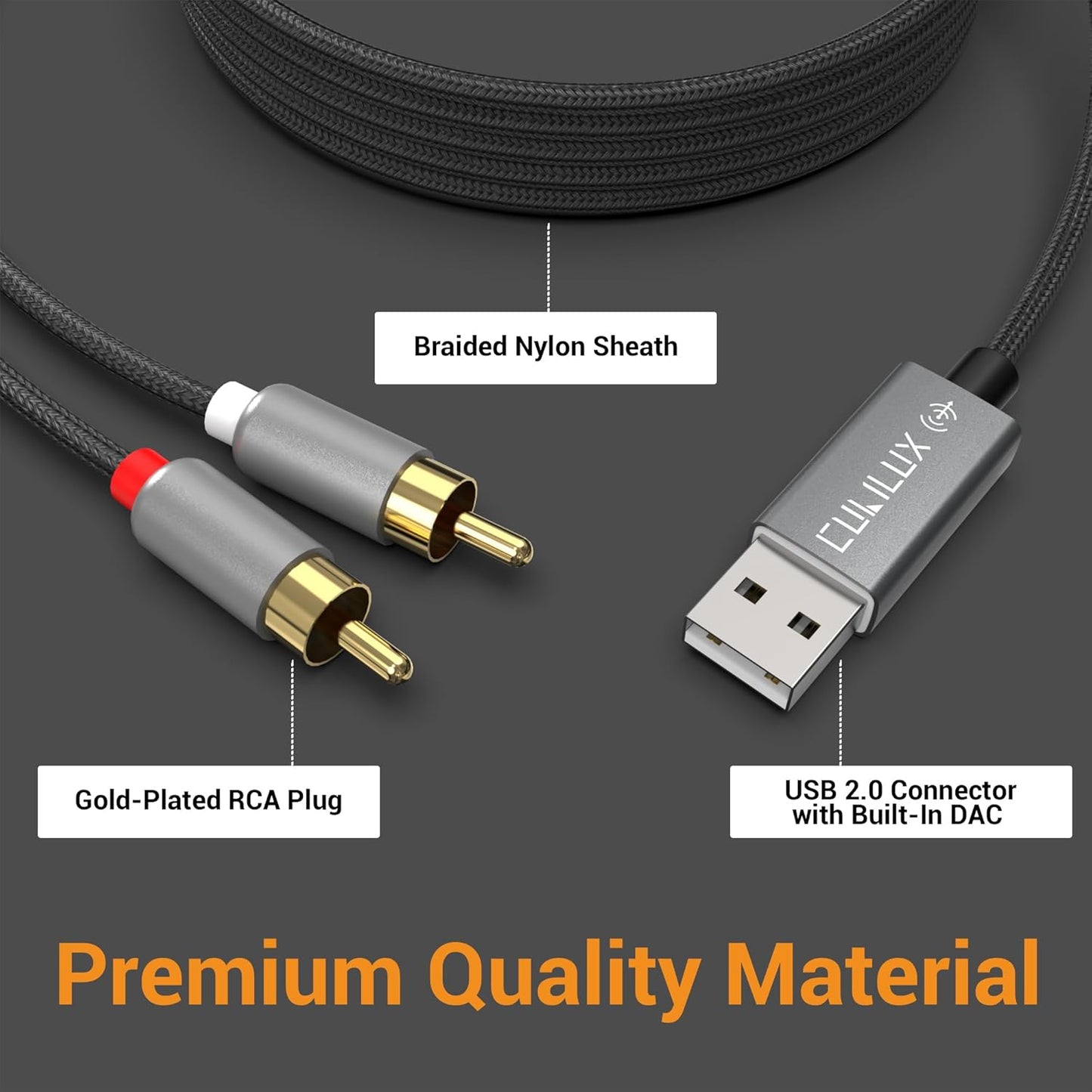 384KHz/24-bit 2 2RCA 6 Cubilux USB to RCA Audio Cable with DAC, USB A Male to Male RCA Stereo AUX Cord, Auxilary Cable