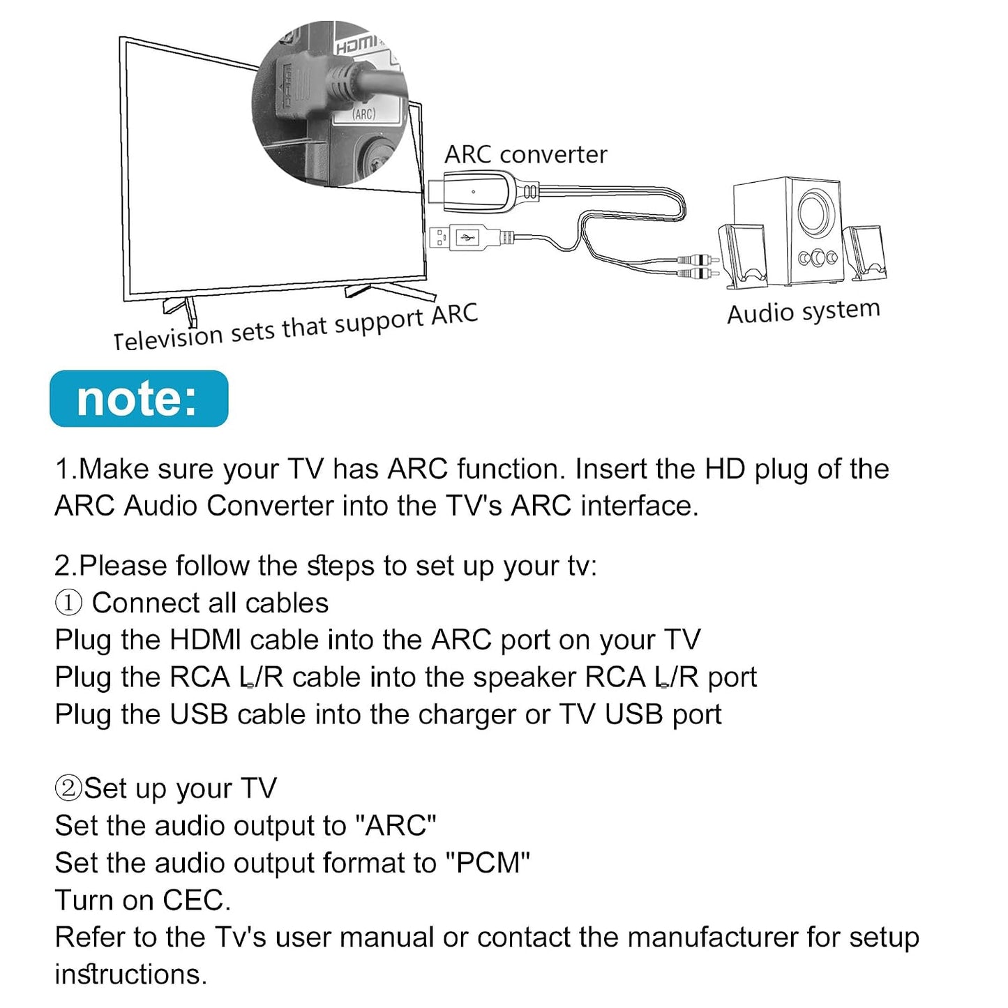 192KHz 3.4ft/1.05m [PCM HDMI ARC to RCA Audio Converter for TV to Soundbar, Plug & Play ARC to L/R Stereo RCA Male