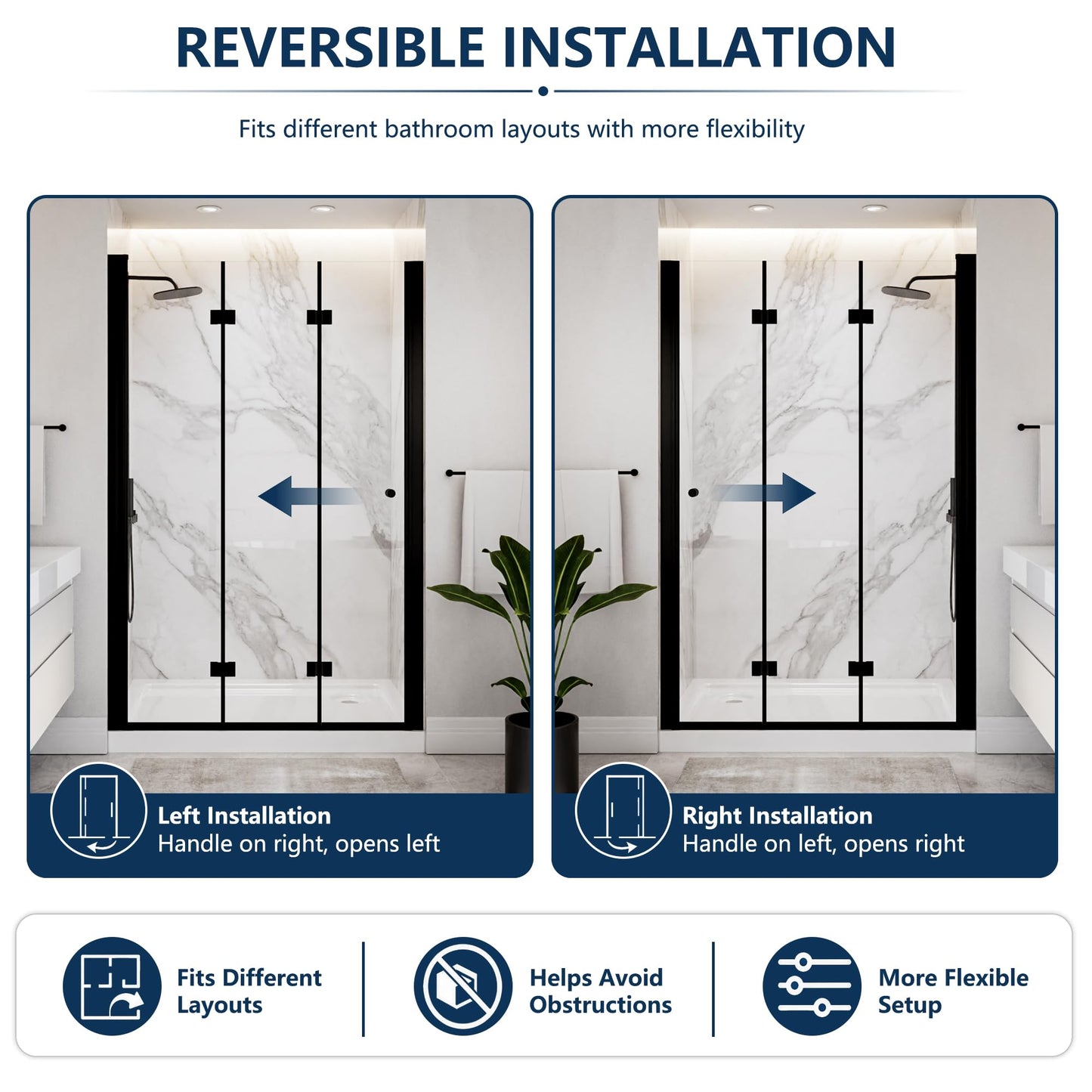 ComfyStyle Tri-Fold Frameless Shower Door 46-1/4''-48'' W x 72" H, Dual 180° Inward & Outward Tri-Fold Opening, 3-Panel Folding Shower Glass Door with 1/4" Clear SGCC Tempered Glass, Matte Black