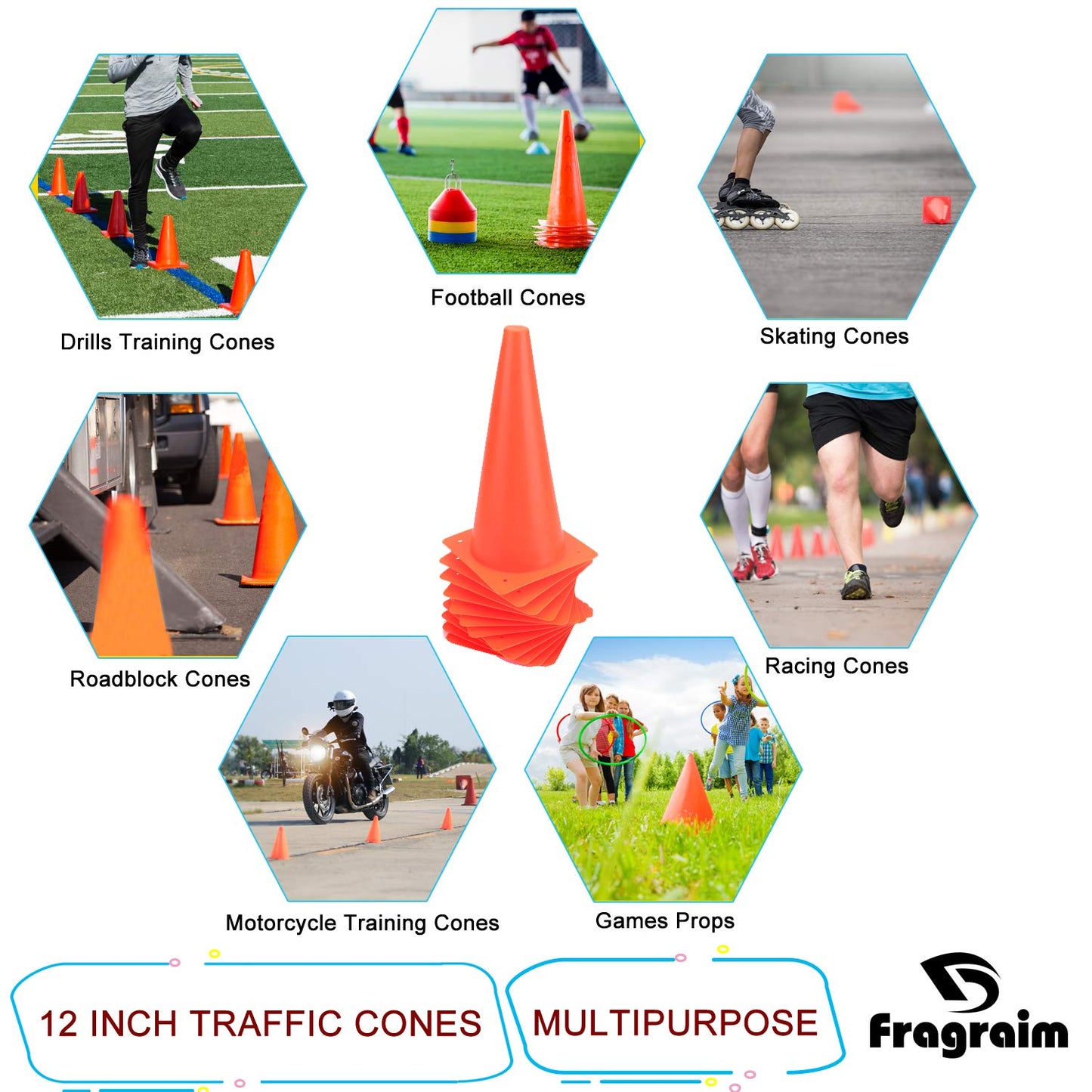 12 Inch 12 Pack Orange Traffic Training Cones, Plastic Safety Parking Cones, Agility Field Marker Cones for Soccer Basketball Football Drills Training, Outdoor Sport Activity & Festive Events