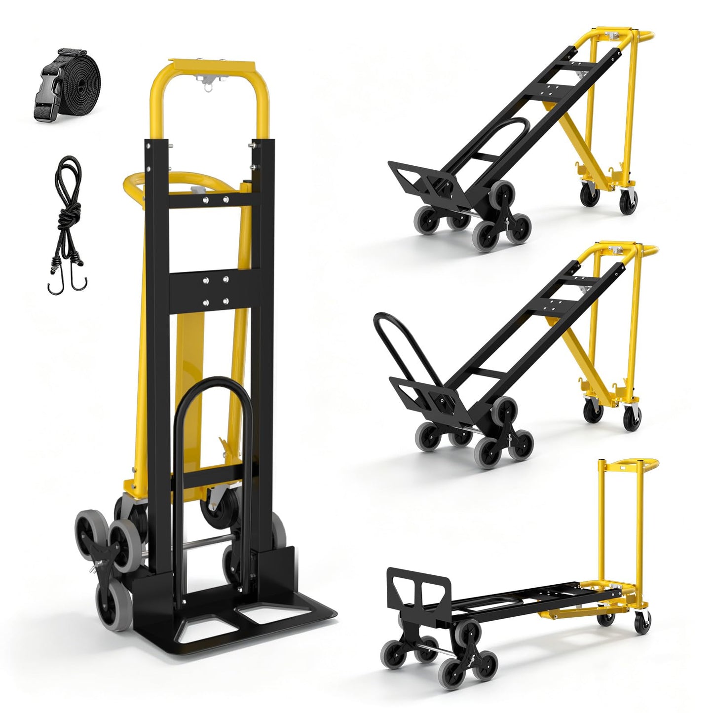 4 in 1 Convertible Hand Truck Dolly Cart with Wheels, 1000Lbs Capacity, Heavy Duty Stair Climbing Hand Trucks with Bungee Cord & Strap for Flat Ground & Stairs, Logistics, Home, Office, Yellow