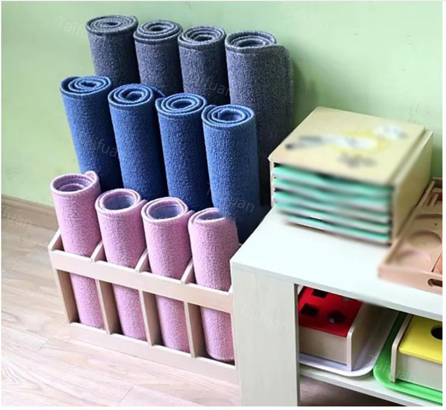 Floor Yoga Mat Rack Wood - Holds 12 Mats, Large Home Gym Yoga Mat Storage Holder, Foam Roller and Carpets Storage Organizer for Kindergarten