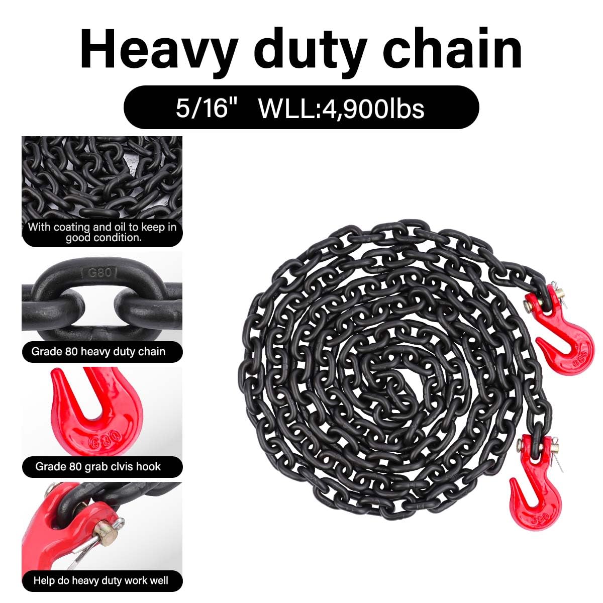 G80 5/16"(2PC*Chain and Binder Kit+4PC Hooks)
