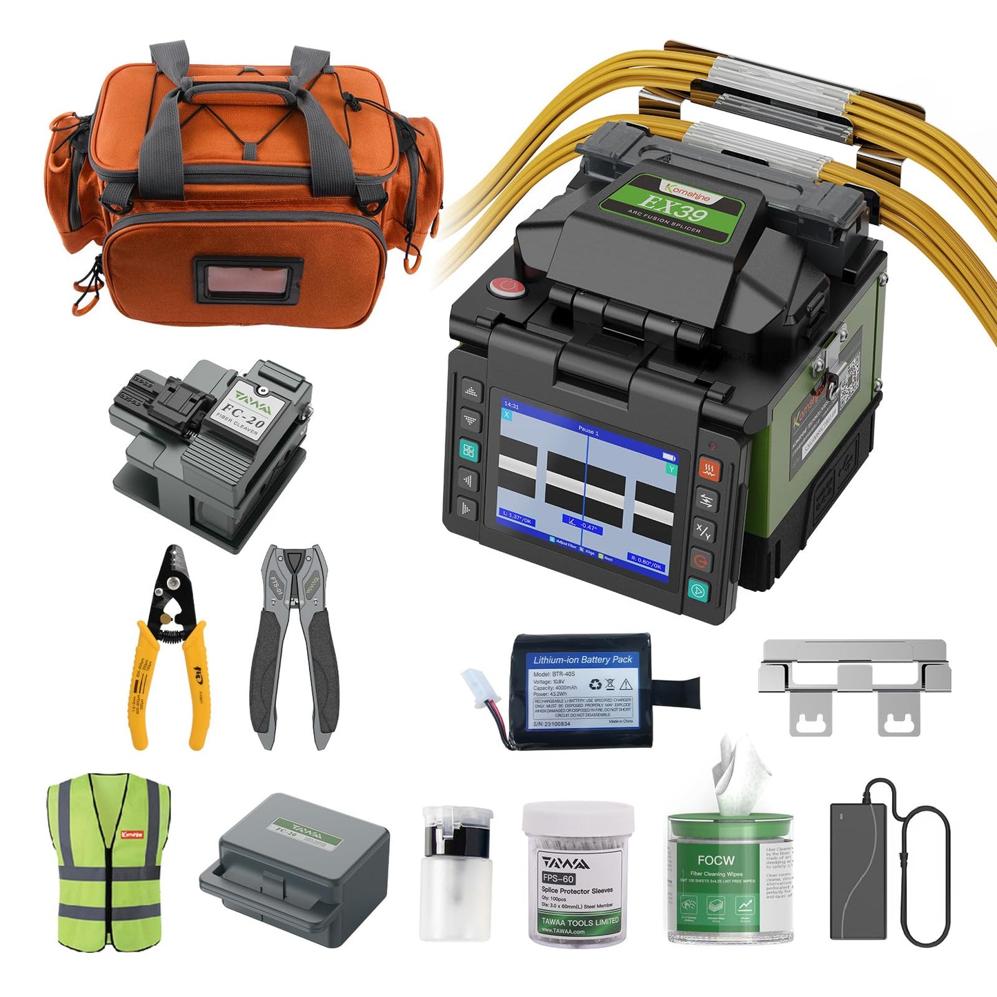 Komshine Optical Fusion Splicer EX39 FTTH Mini Fiber Fusion Splicer Machine Kit 8s Fast Splicing Fast-Heating 18s w/Fiber Cleaver FC-20 + Multi-Functional FTTH TFS-40D Toolkit