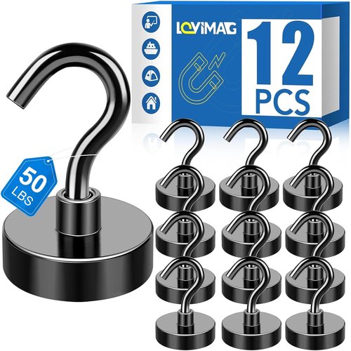LOVIMAG Magnetic Hooks - Heavy Duty 50lbs+ Strength | 12 Pack Black Magnets for Home & Travel