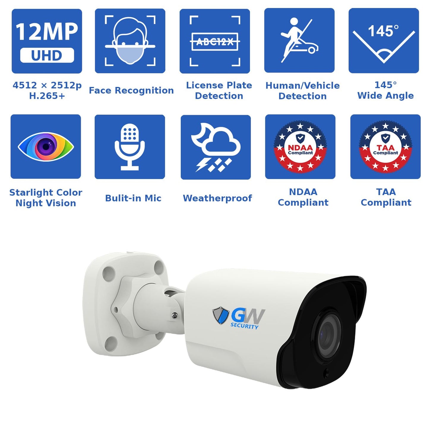 GW Security 8 Channel NVR UltraHD 12MP 6K Face/Human/Vehicle Detection PoE Security Camera System with 4 x 6K 12MP IP Microphone Outdoor/Indoor Smart AI Bullet Cameras, Color Night Vision