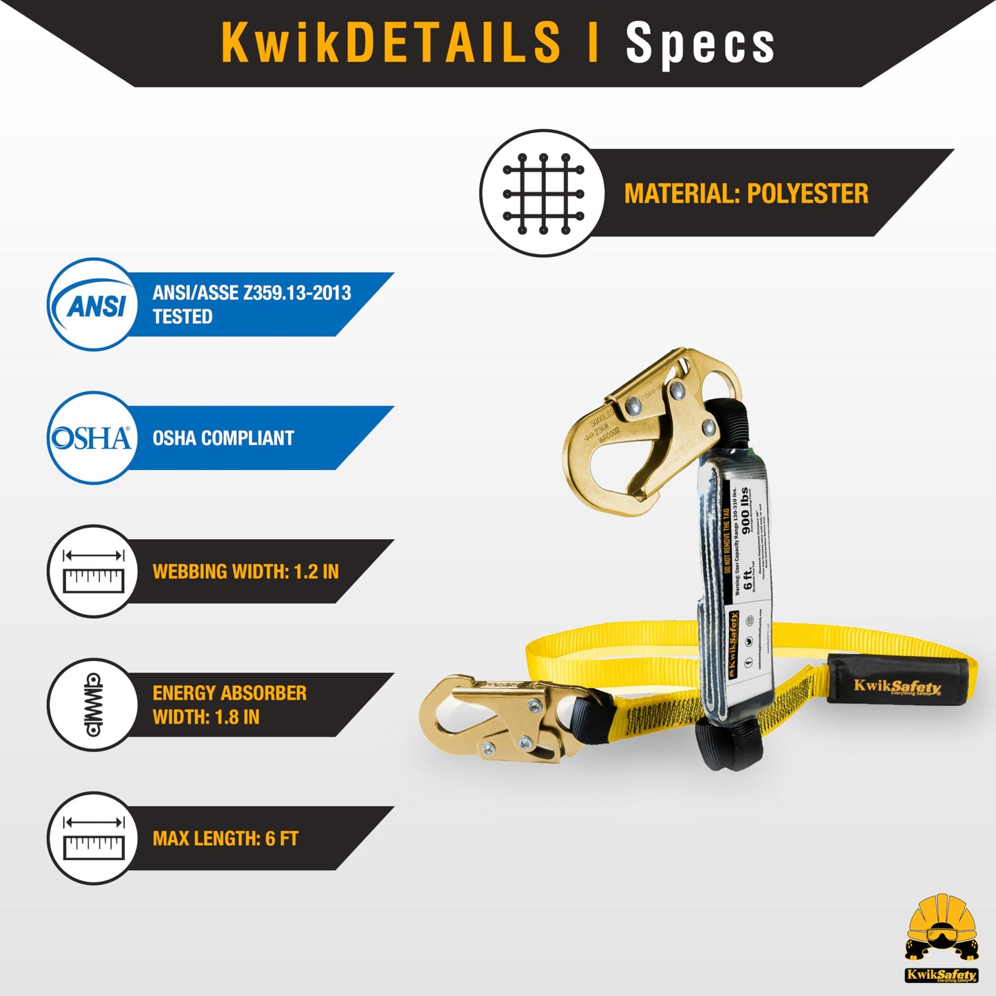 KwikSafety - TAIPAN Safety Lanyard [1 PACK] Flat Safety Harness Lanyard Fall Protection ANSI Tested OSHA