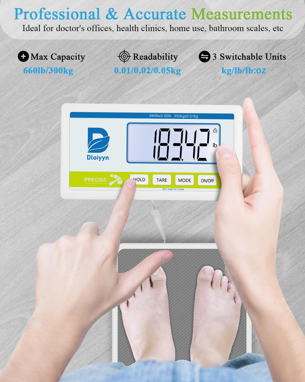 Medical Scale for Body Weight with Digital Display, 660 lb Limit, High Accuracy Medical Grade Floor Scale, Heavy Duty, kg/oz/lb Settings, AC Adapter & Battery Included, Portable Home & Physician Scale