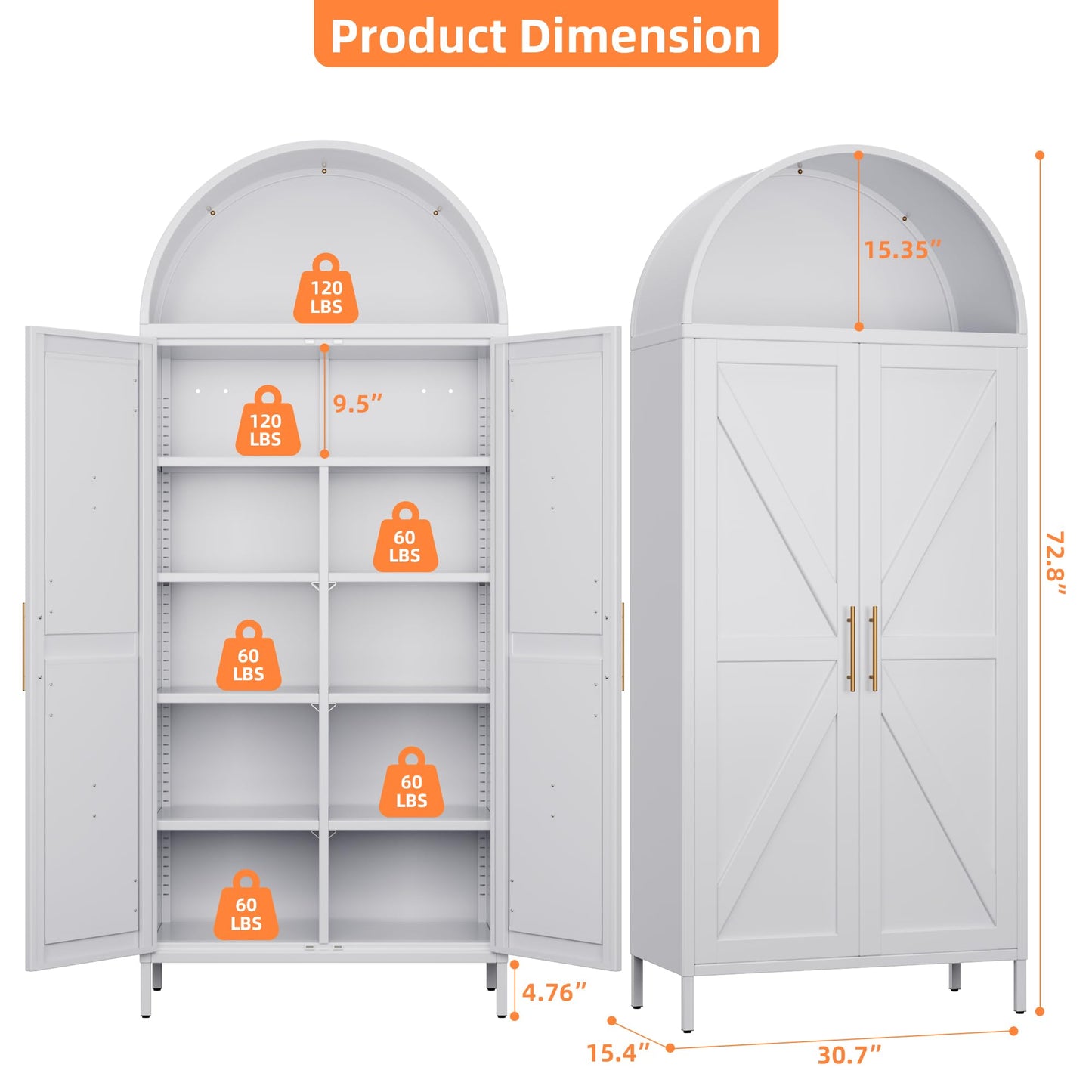 JAORD Arched Kitchen Pantry Cabinet with 6 Adjustable Shelves, Metal White Arched Cabinet with 2 Doors for Kitchen,Living Room, Assemble Required,15.4" D x 30.7" W x 72.8" H