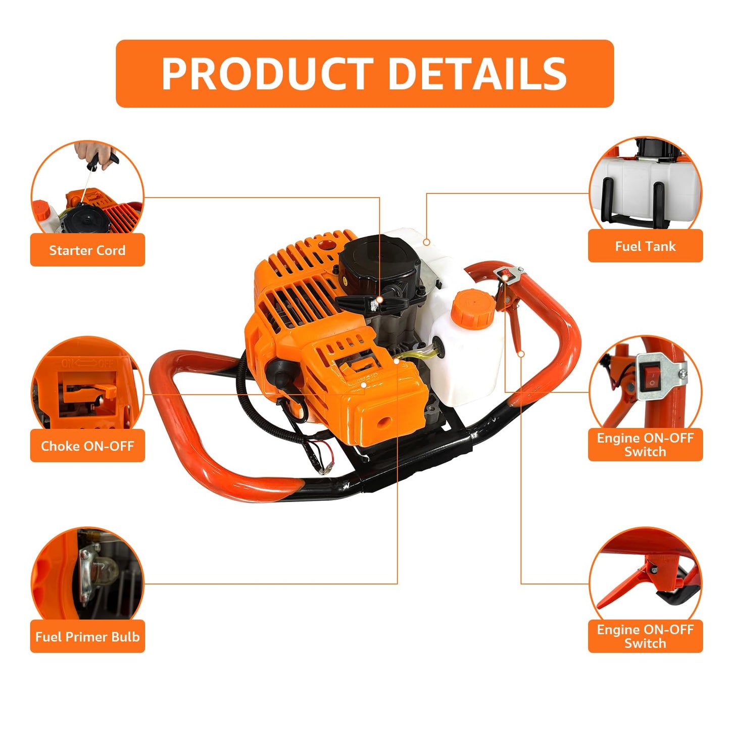 XJADQW 62CC 2-Stroke Gas Powered Post Hole Digger with 4" & 6" & 8" & 12" Auger Bits + 8“ & 12" & 20" Extension Rod, Heavy Duty Earth Auger for Farm, Garden, Landscaping, Construction