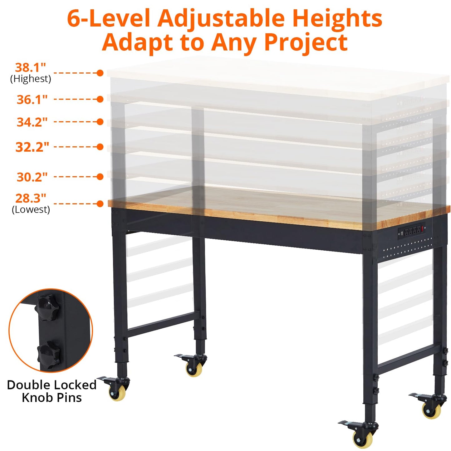 60''x22'' Heavy Duty Adjustable Workbench with Charging Station & Lockable Wheels, 2000 Lbs Capacity Rolling Workbench, Moblie Work Table for Garage Workshop DIY, Black