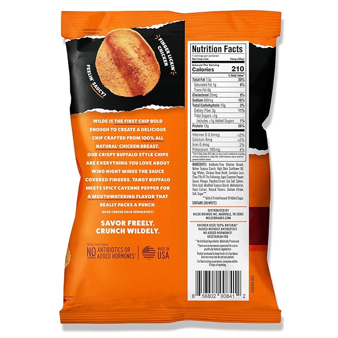 WILDE Buffalo Protein Chips, Thin and Crispy, High Protein, Keto Friendly, Made with Real Ingredients, 1.34oz Bags (Pack of 8)