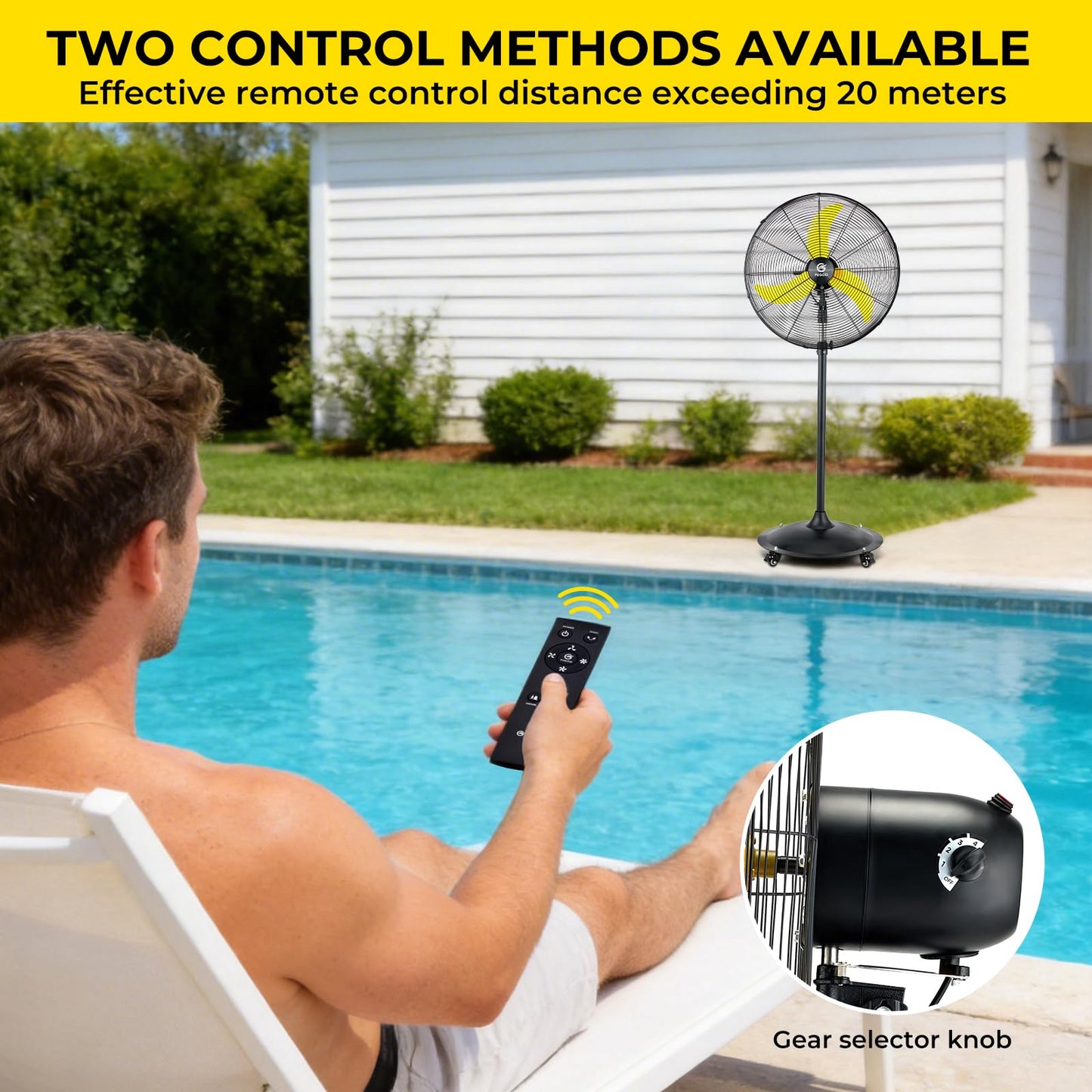 FUGOO 24'' Outdoor Oscillating Pedestal Fan With Remote Control,All Sealed BLDC Motor, 4-Speed Waterproof Outdoor Fan, Heavy Duty Industrial Floor Fans for House,Patios, Commercial, Garage, Warehouse