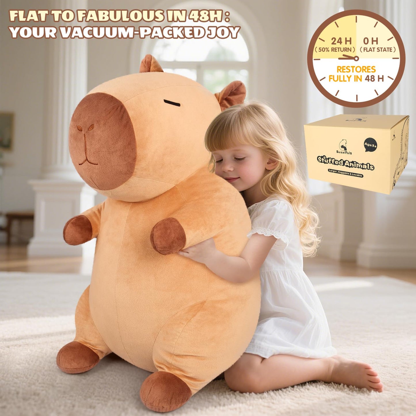 SuzziPals Giant Capybara Plush 30", Jumbo Soft Capybara Stuffed Animal, Giant Plush Toys Hugging Plush for Stress Relief & Cozy at Night, Huge Cuddly Capibara Plushie Gift for Kids Adults