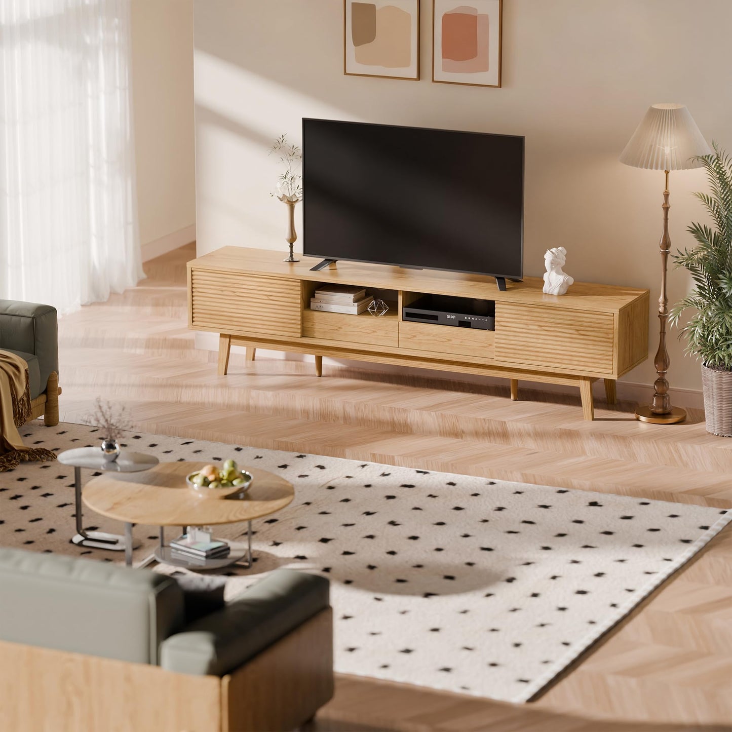 TOLEAD 70" Mid Century Modern TV Stand for TVs up to 75 Inch, Low Profile Entertainment Center with Fluted Sliding Doors & Storage Drawers, Wood TV Console Table for Living Room, Oak