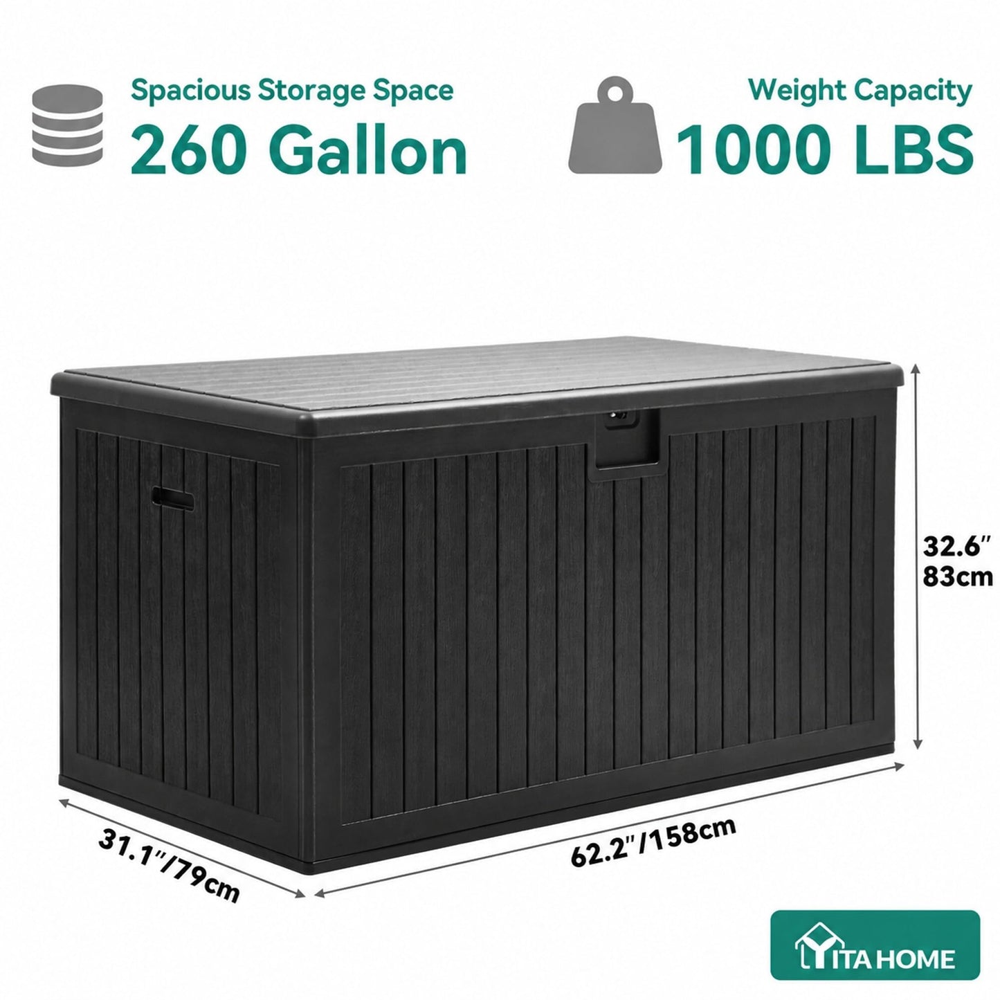 YITAHOME 260 Gallon Large Deck Box with Divider & Side Handles, Outdoor Double-Wall Storage for Patio Furniture Cushions, Garden Pool Accessories, Water Resistant & Lockable, Black