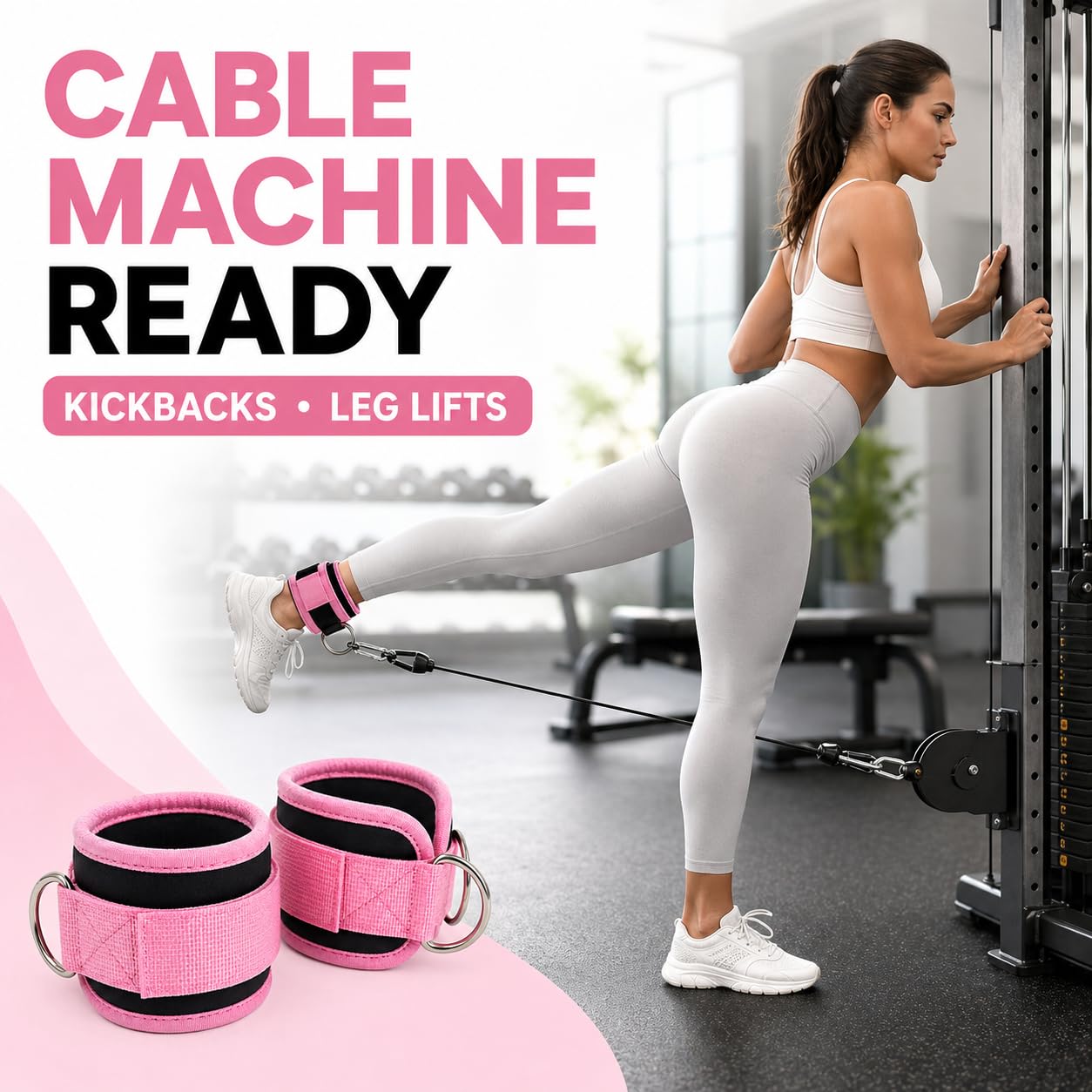 Ankle Straps for Cable Machines, Pair of Padded Neoprene Ankle Cuffs with Metal D-Rings, Adjustable Resistance Band Attachment for Glute Kickbacks, Leg and Hip Workouts(Black)