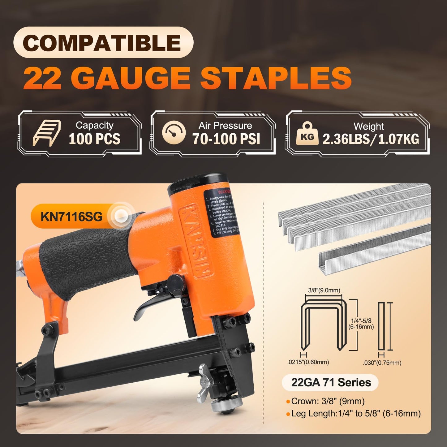Kamsin KN7116SG 22 Gauge Pneumatic Upholstery Stapler Bundle with 10,000pcs 3/8" Crown 1/4" Leg Length KAMSIN 7106 Staples