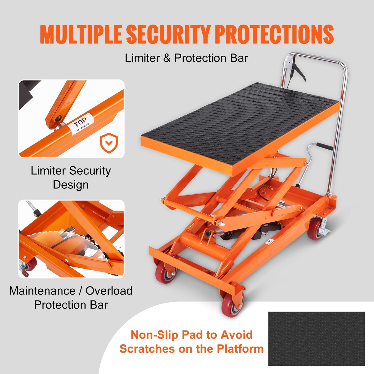 VEVOR TFD35 Hydraulic Lift Table Cart, 770lbs Capacity 59" with 4 Wheels and Non-Slip Pad, for Material Handling and Transportation, Orange