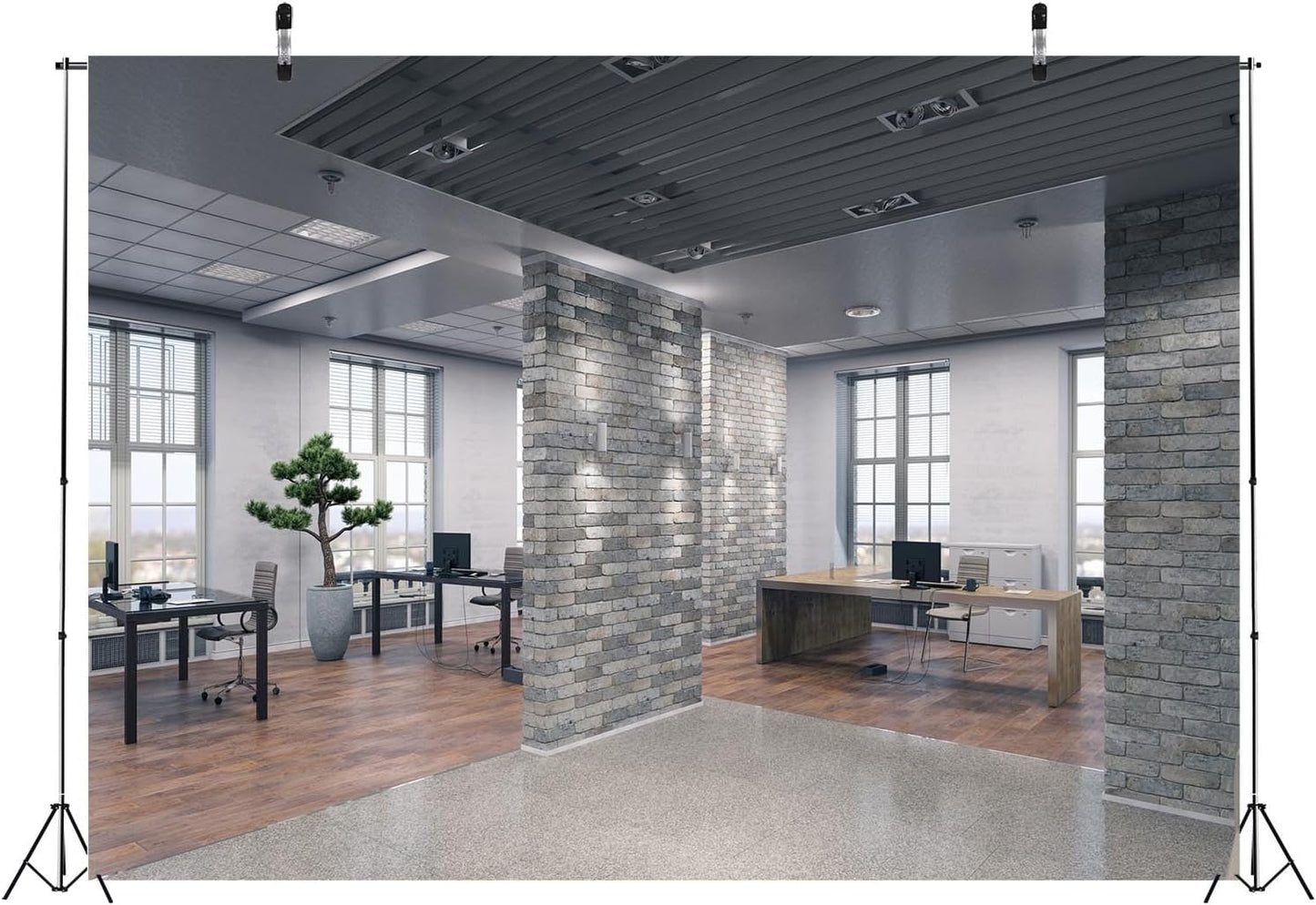 BELECO 7x5ft Fabric Modern Office Backdrop for Video Conference - Elegant Business Interior Brick Wall Windows Virtual