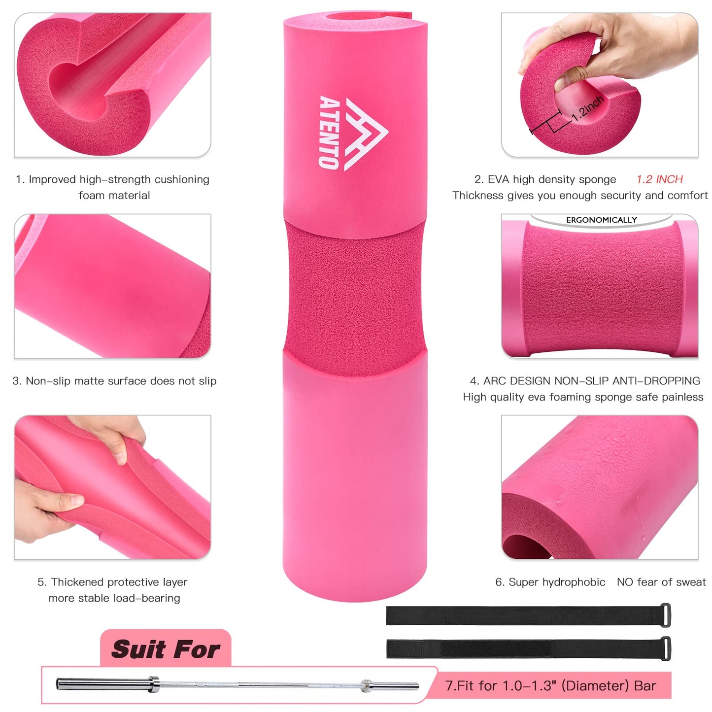 ATENTO 9Pcs Barbell Pad Set for Hip Thrusts, Thick Cushion Hip Thrust Pad for Relief Pressure from Neck Shoulder, Squat Pad Fits Standard Olympic Bars & Smith Machine, Weight Bar Pad for Bench Press, Lunges, Workout, Leg Exercise- Gym Accessories with Ank