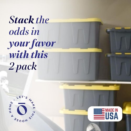 HOMZ Heavy Duty Plastic Storage Bins - 15 Gallon Stackable Containers with Lids | Black/Yellow